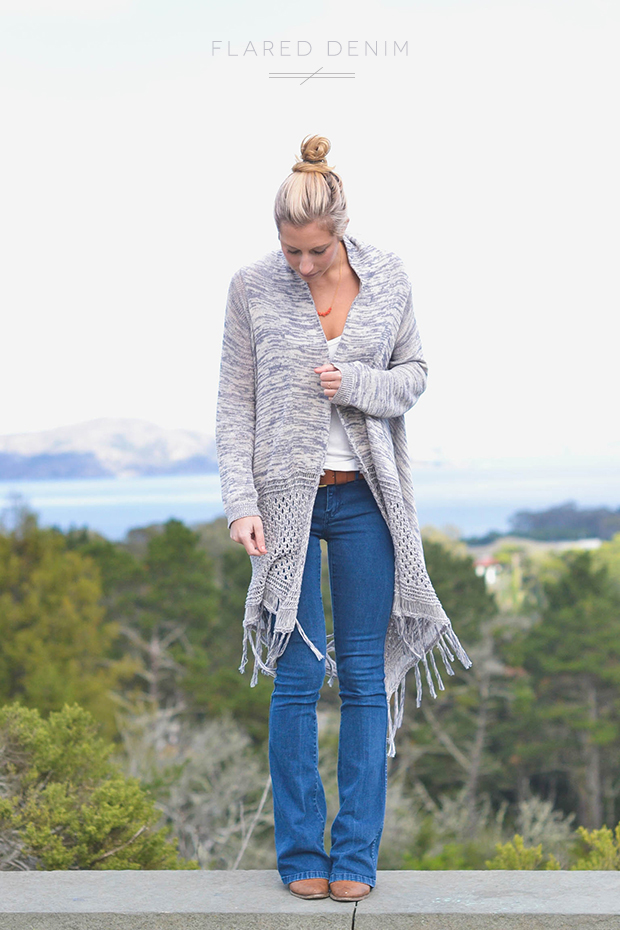 long cardigan and flared jeans outfit