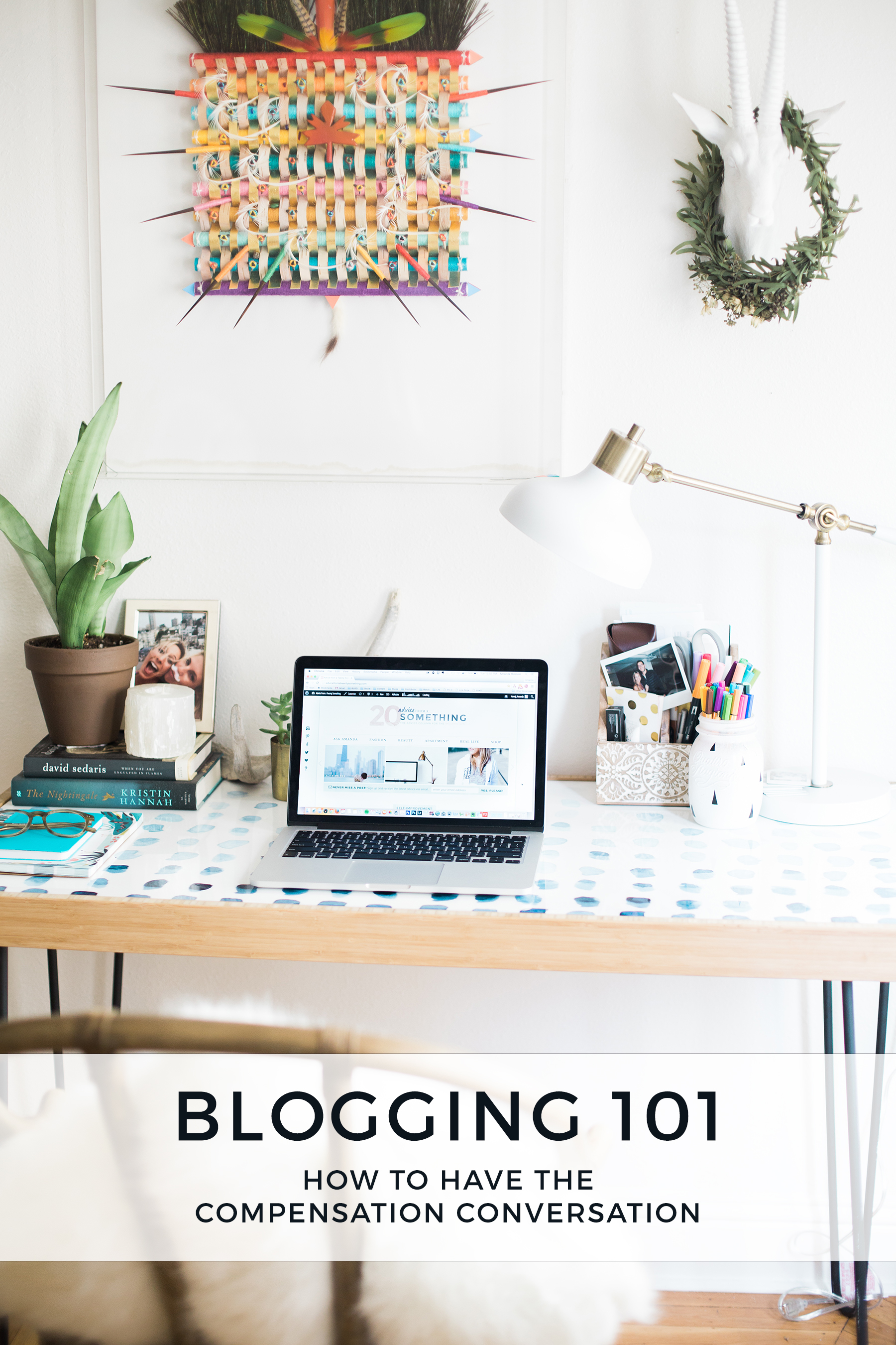 blogging 101, blogging advice, tips for new bloggers, blog compensation, blogger compensation, blog campaigns, blogs and brands, boho desk, desk decor, bright and white, deny designs desk, target lamp, white lamp, computer on desk, stylish desk, stylish home office, office space, bohemian decor, photography by Andrea Posadas for Advicefroma20Something.com