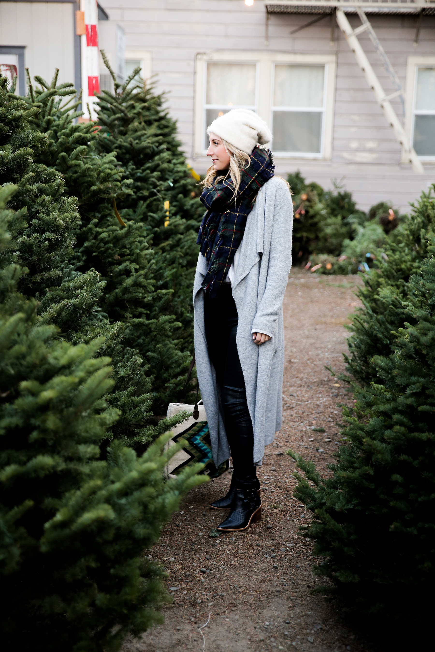 christmas tree lot outfit, holiday outfit, plaid scarf, gray cardigan, holiday outfit ideas, winter outfits, black ankle boots, faux leather pants, photos by Andrea Posadas of Amanda Holstein for Advicefroma20Something.com