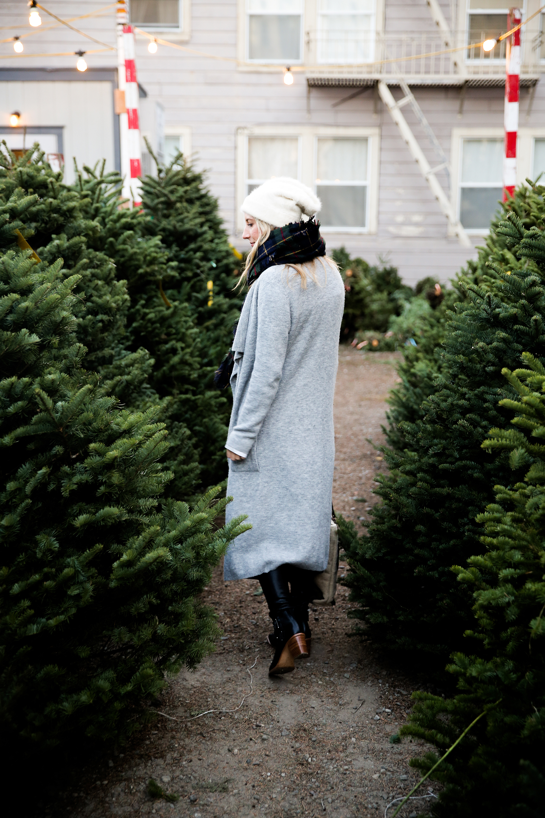 christmas tree lot outfit, holiday outfit, plaid scarf, gray cardigan, holiday outfit ideas, winter outfits, black ankle boots, faux leather pants, photos by Andrea Posadas of Amanda Holstein for Advicefroma20Something.com