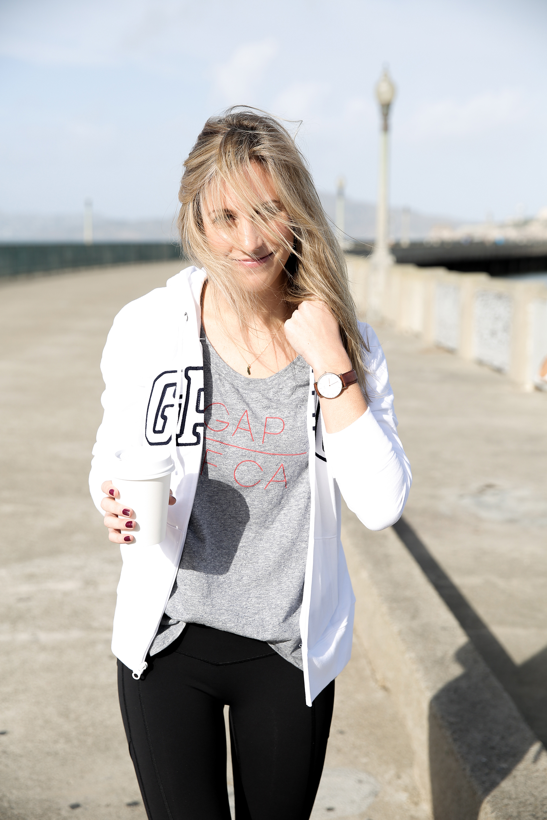 gap logo, gap factory, athleisure, stylish workout wear, stylish leisure wear, stylish lounge wear, cozy casual outfit, gray t-shirt, white zip-up, black leggings outfit, photography by Andrea Posadas of Amanda Holstein for Advicefroma20Something.com