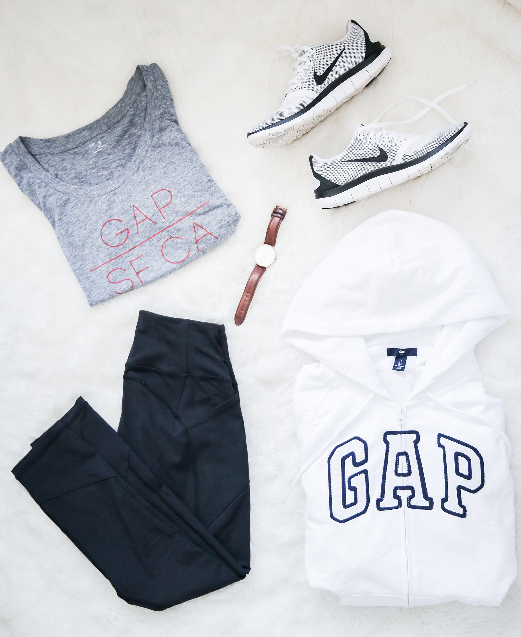 gap logo, gap factory, athleisure, stylish workout wear, stylish leisure wear, stylish lounge wear, cozy casual outfit, gray t-shirt, white zip-up, black leggings outfit, photography by Andrea Posadas of Amanda Holstein for Advicefroma20Something.com