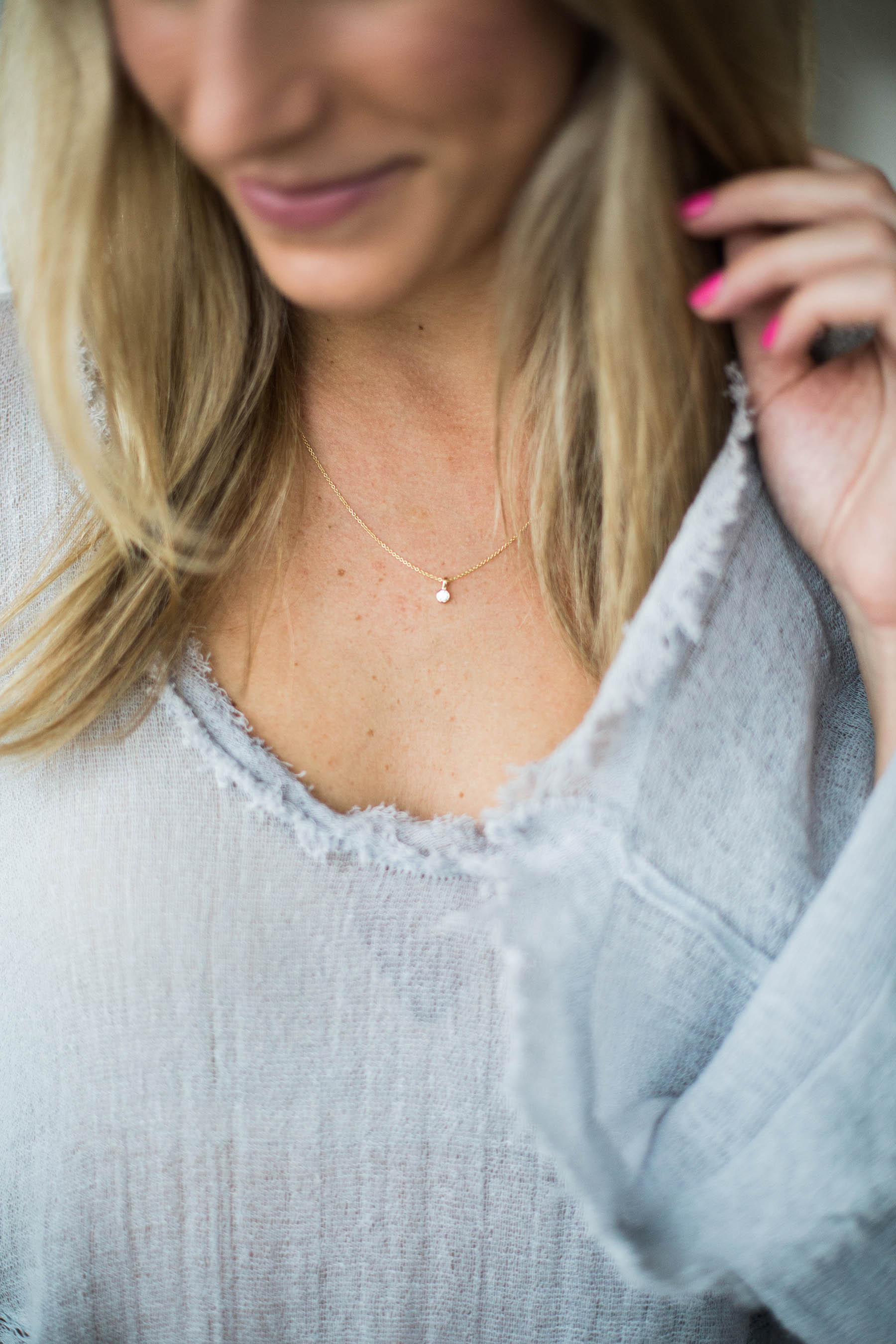 Amanda Holstein in diamond necklace from Diamond Foundry and Free People shirt