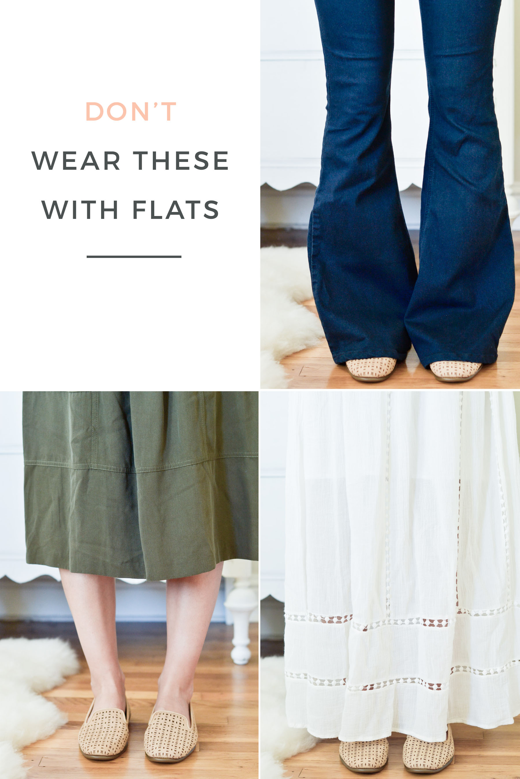 what not to wear with flats, including flare or wide-leg jeans, midi skirts, and maxi skirts