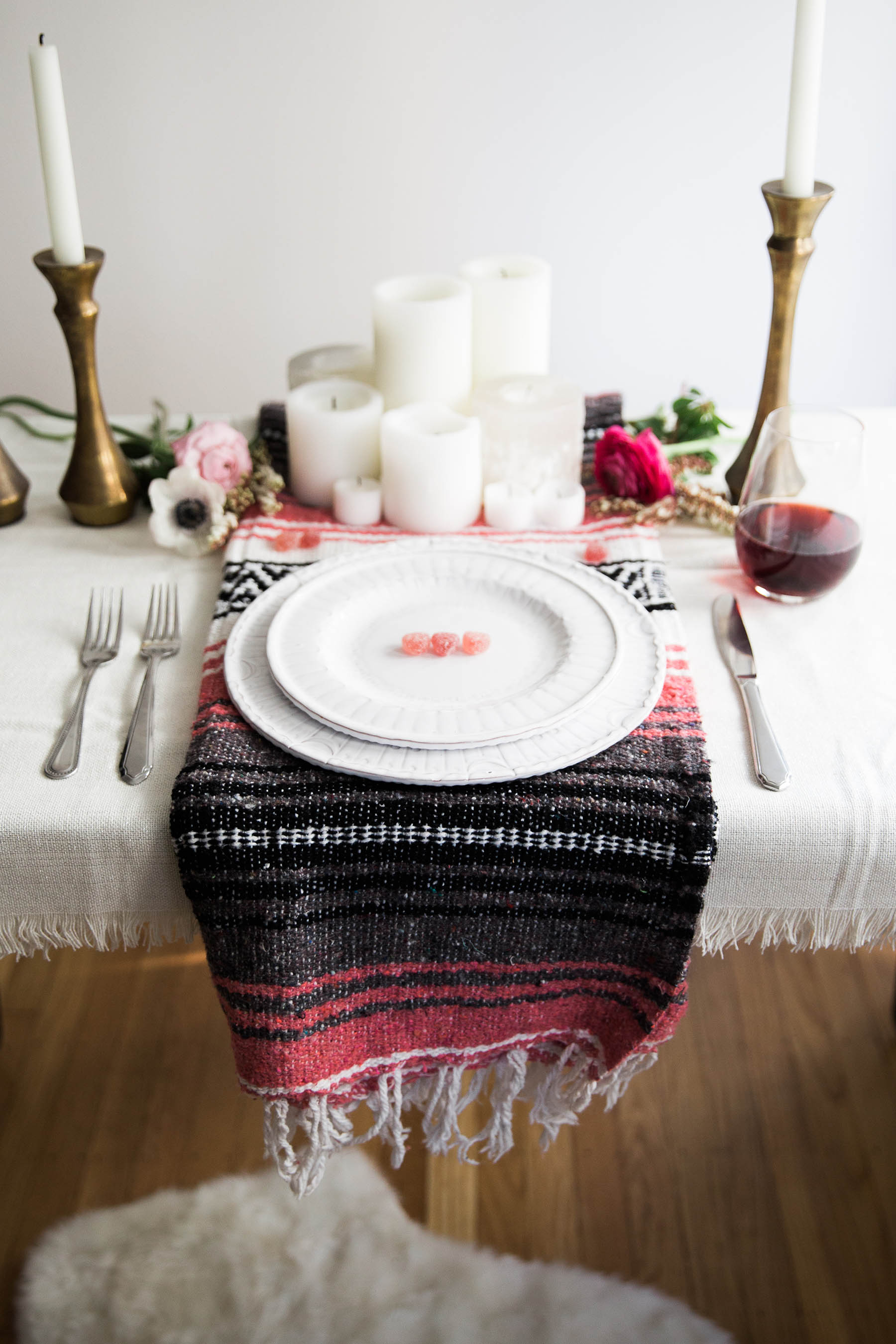 bohemian tablescape for Valentine's Day dinner
