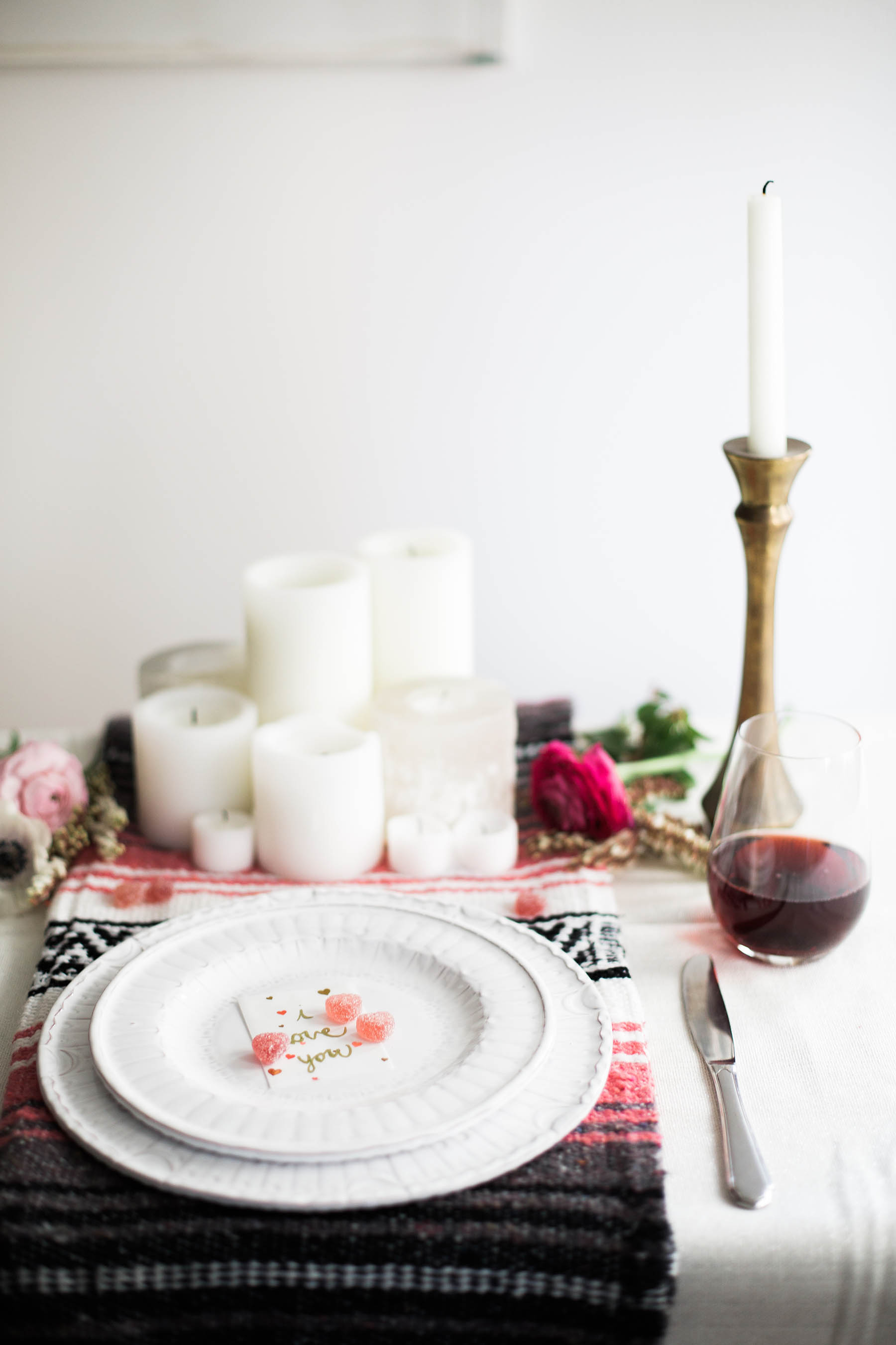 bohemian tablescape for Valentine's Day dinner
