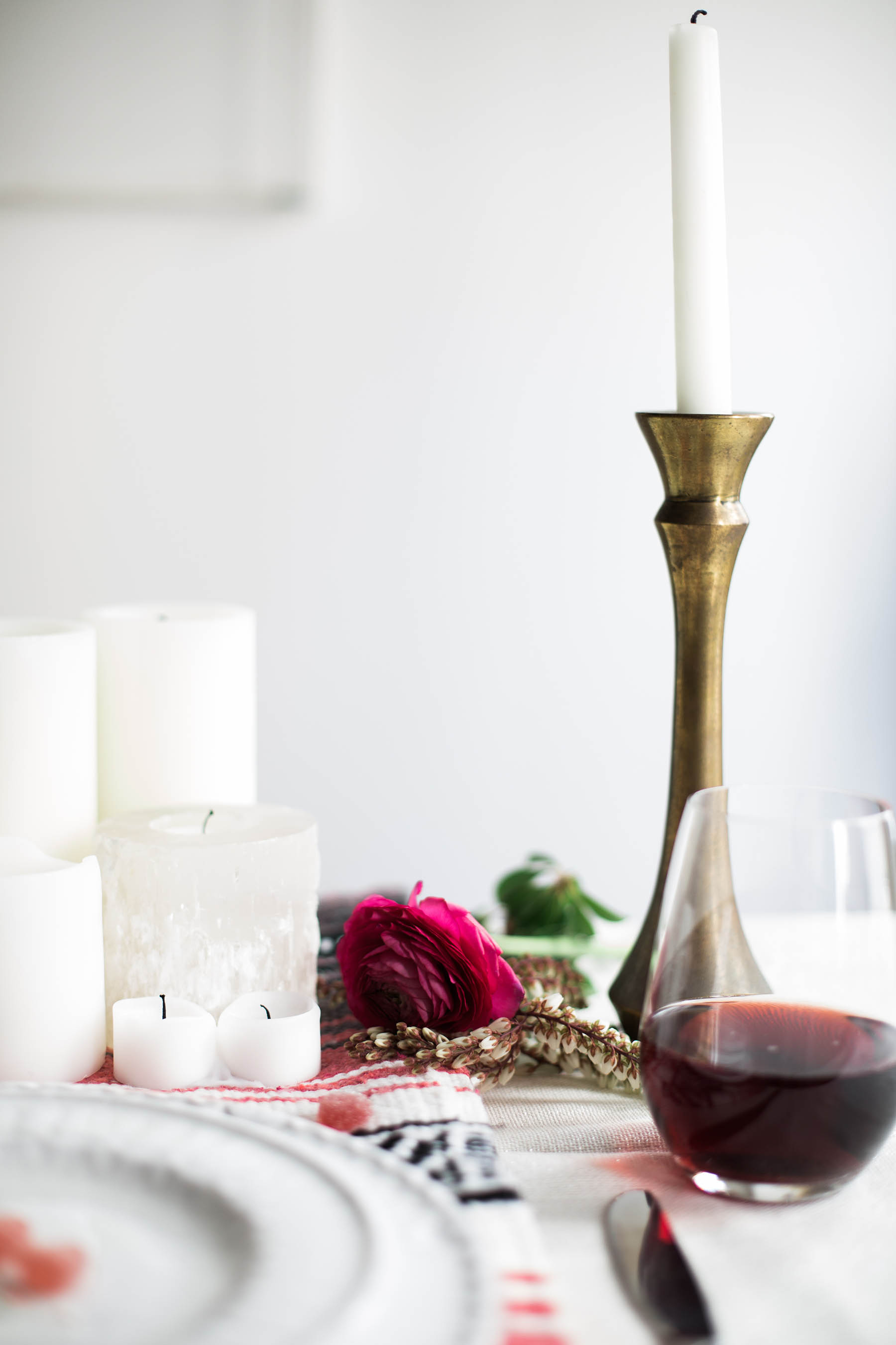 bohemian tablescape for Valentine's Day dinner with candles