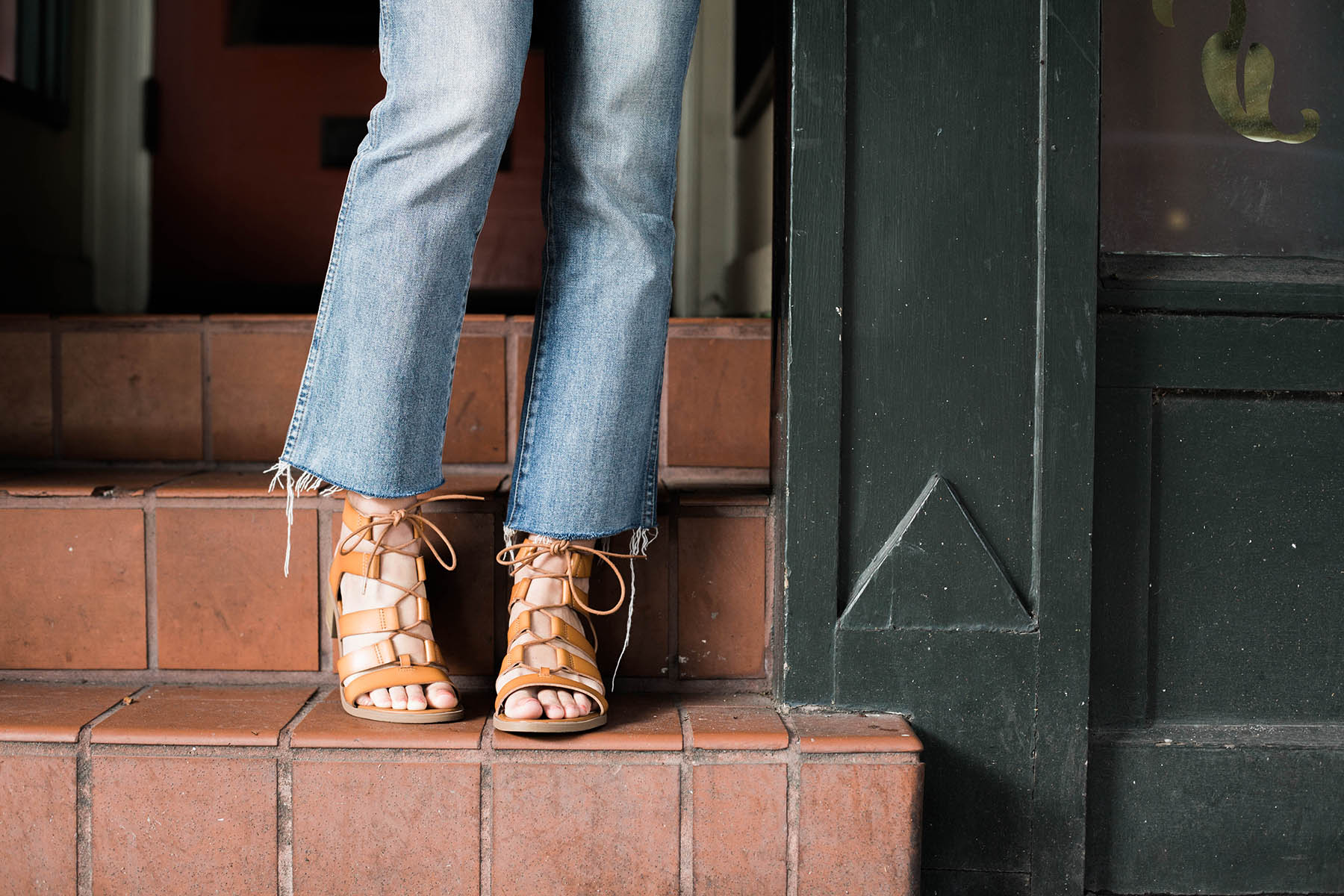 Old Navy gladiator sandals and crop flare denim