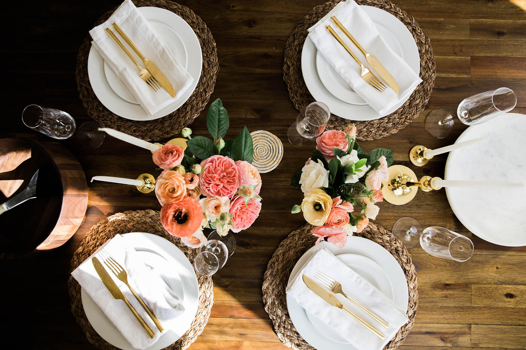 white, gold, neutral table setting with pink flowers for spring brunch