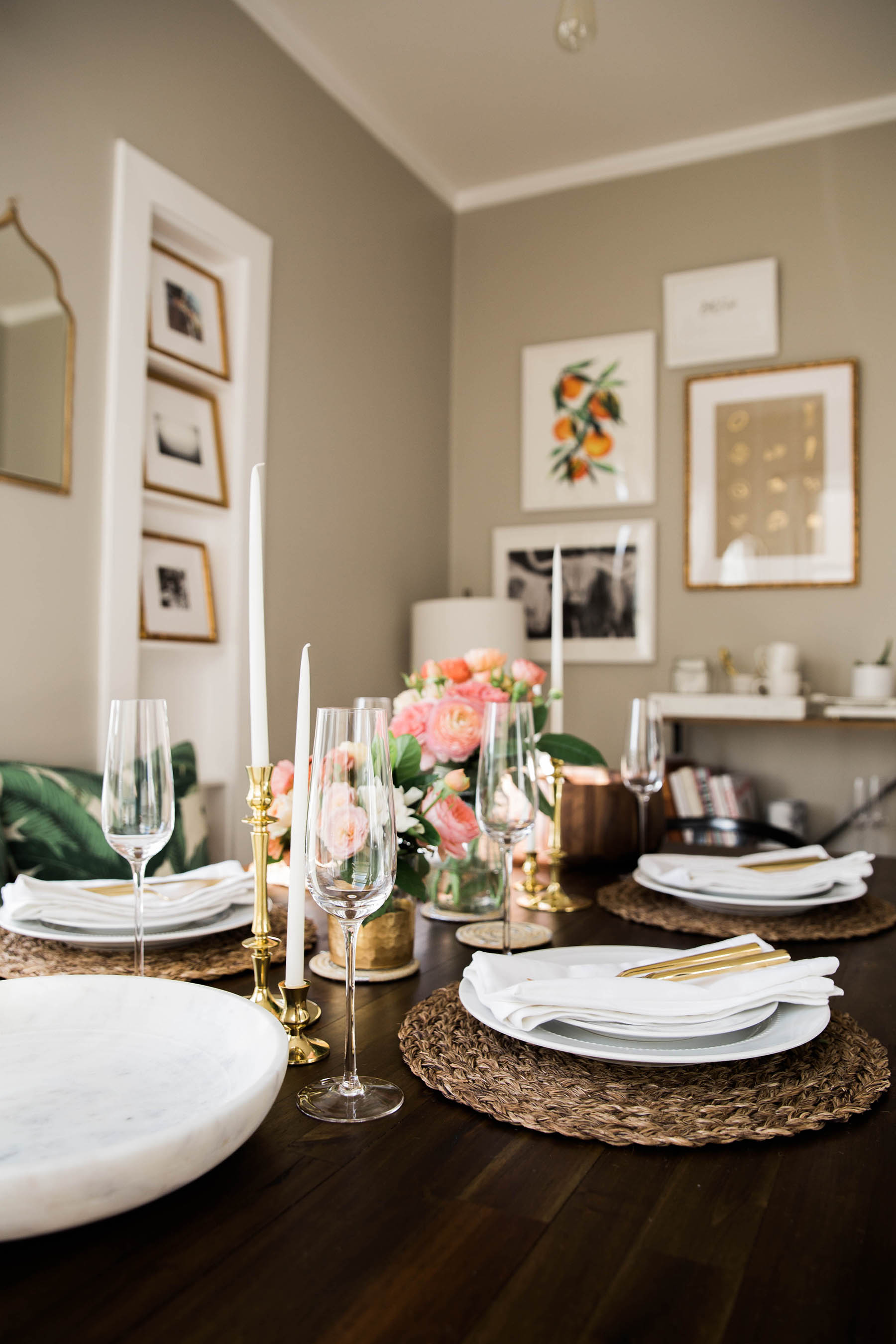 white, gold, and pink spring brunch at Ashley Kane's apartment