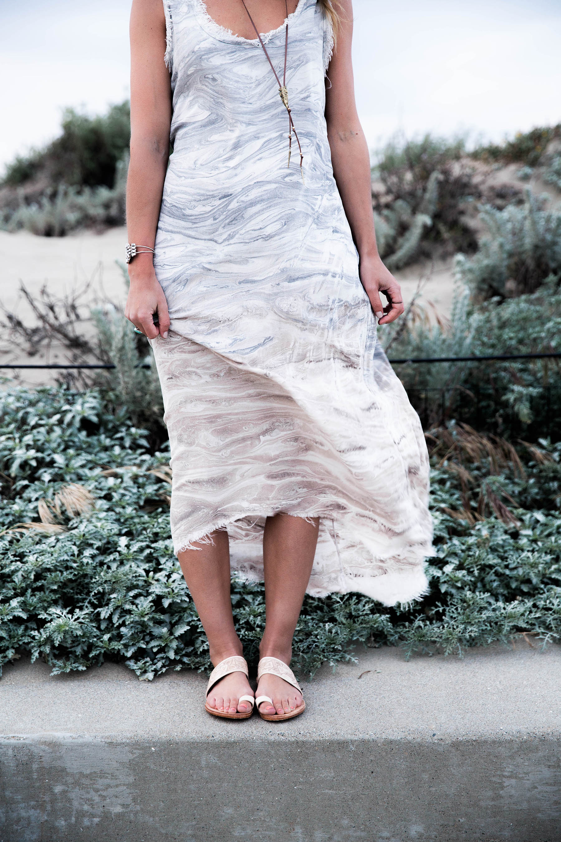 mono b taupe marble print maxi dress and beek finch sandals