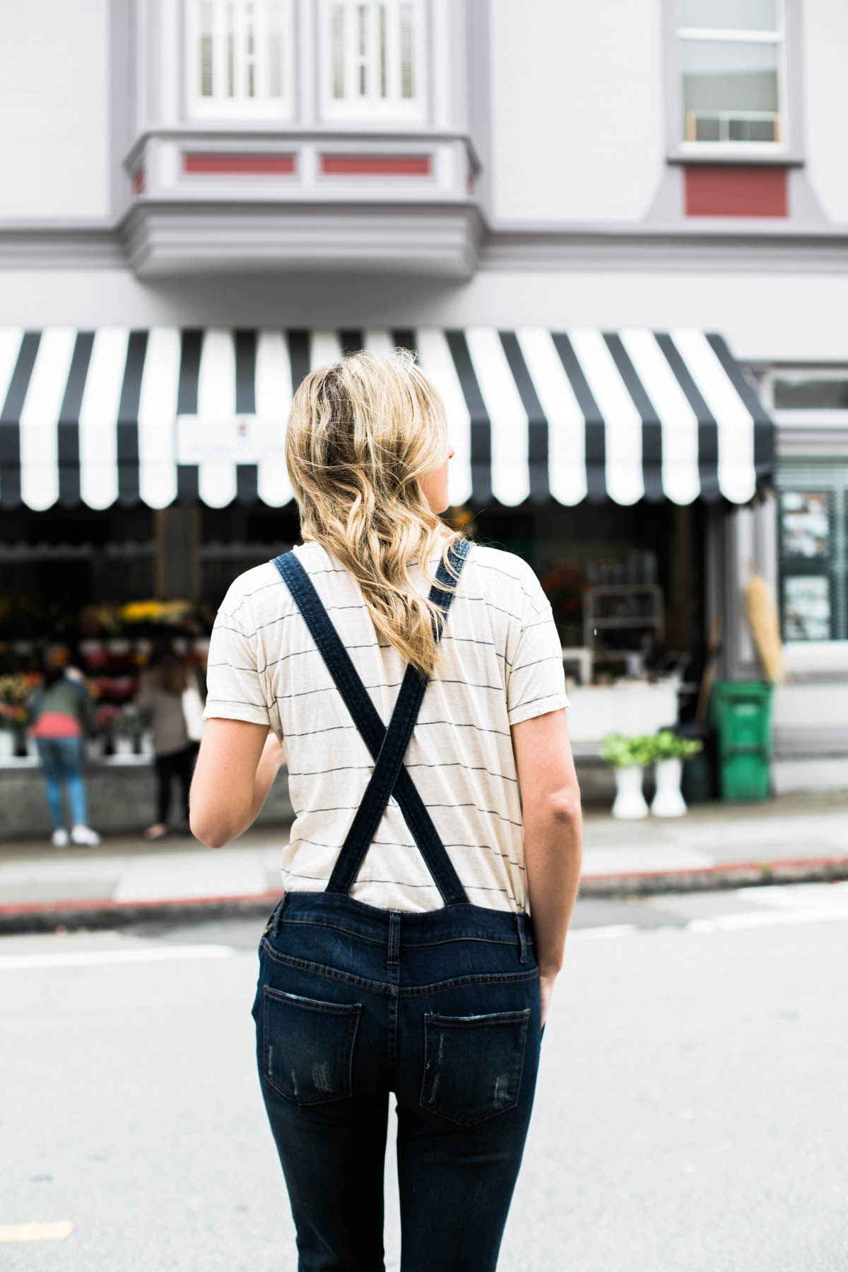 Free People denim overalls and striped tee