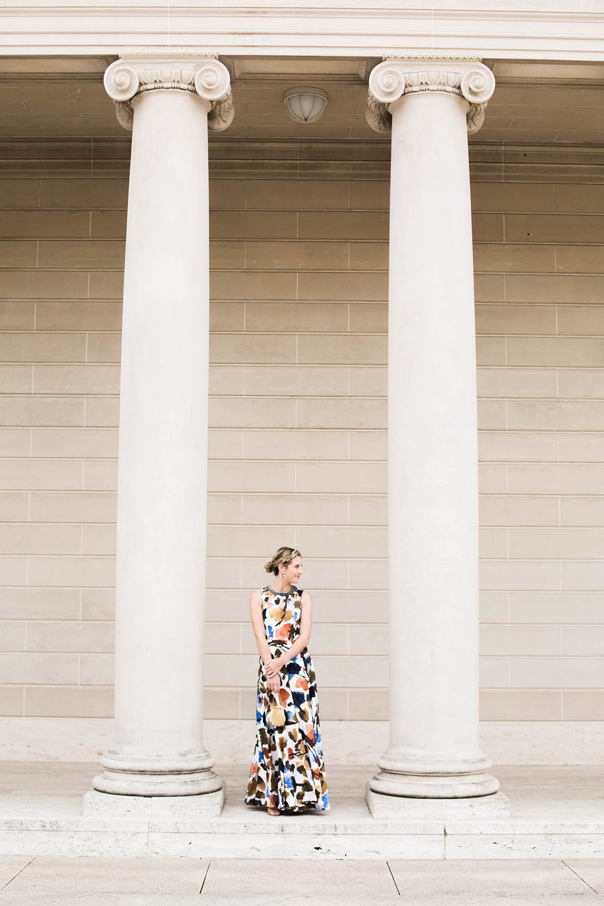 Anthropologie floral maxi dress for a black tie wedding at the Legion of Honor