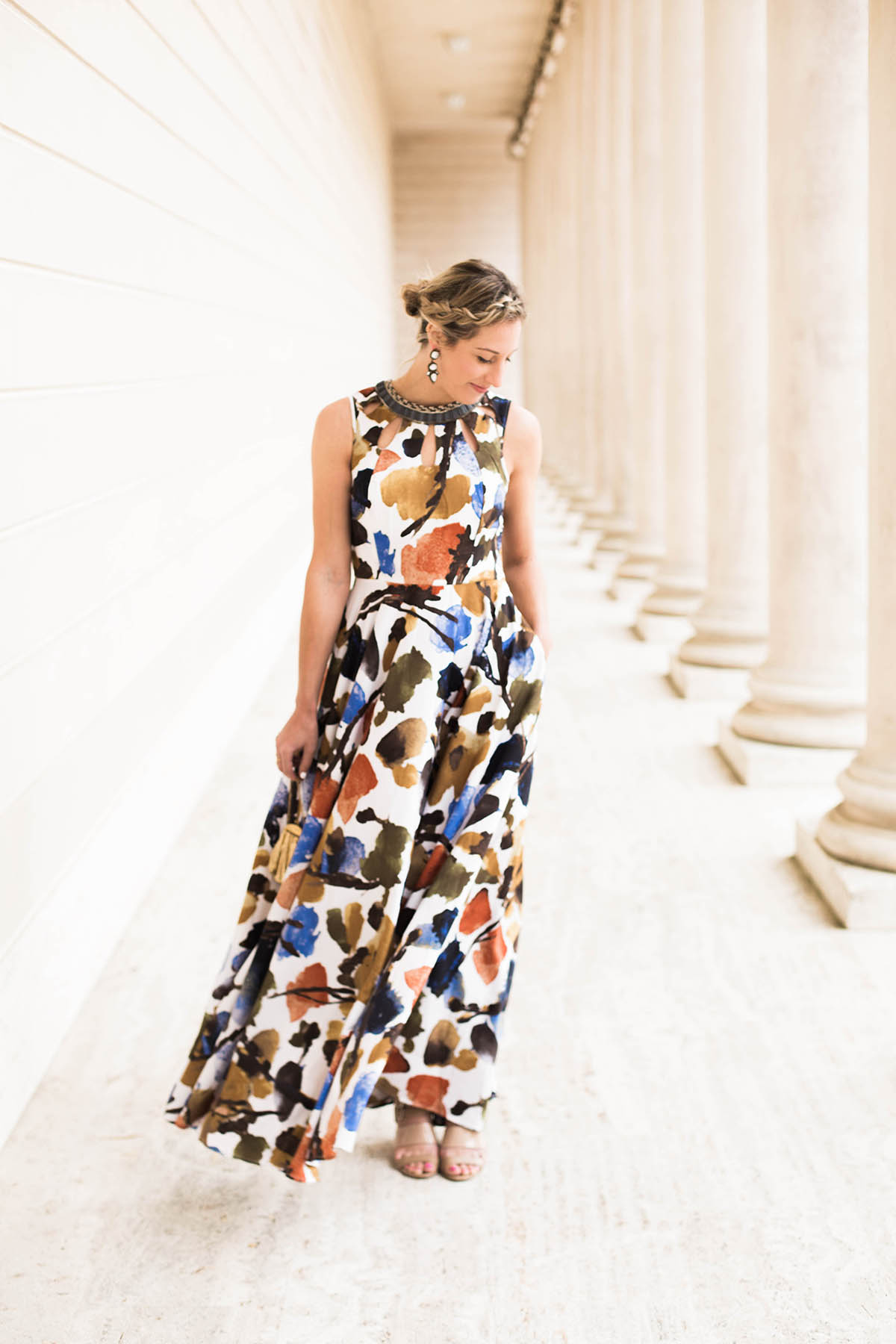 Anthropologie floral maxi dress for a black tie wedding at the Legion of Honor
