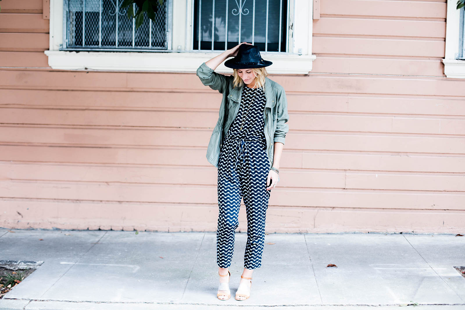 Amanda Holstein in Old Navy printed jumpsuit outfit 