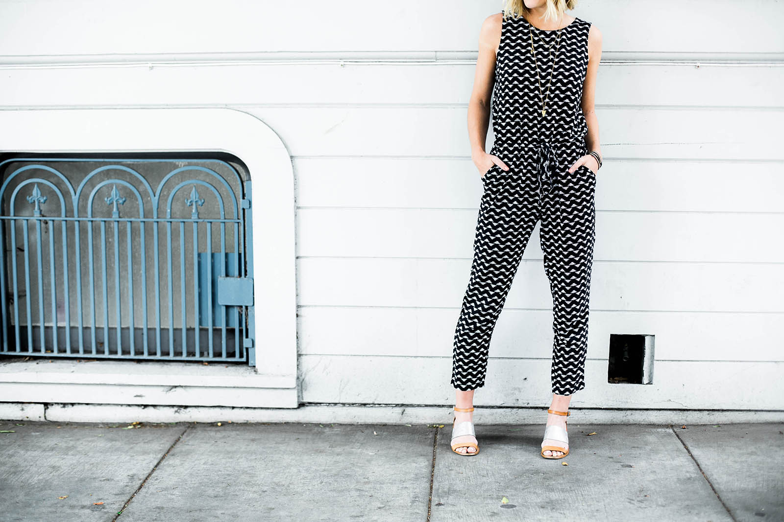 Amanda Holstein in Old Navy printed jumpsuit outfit 