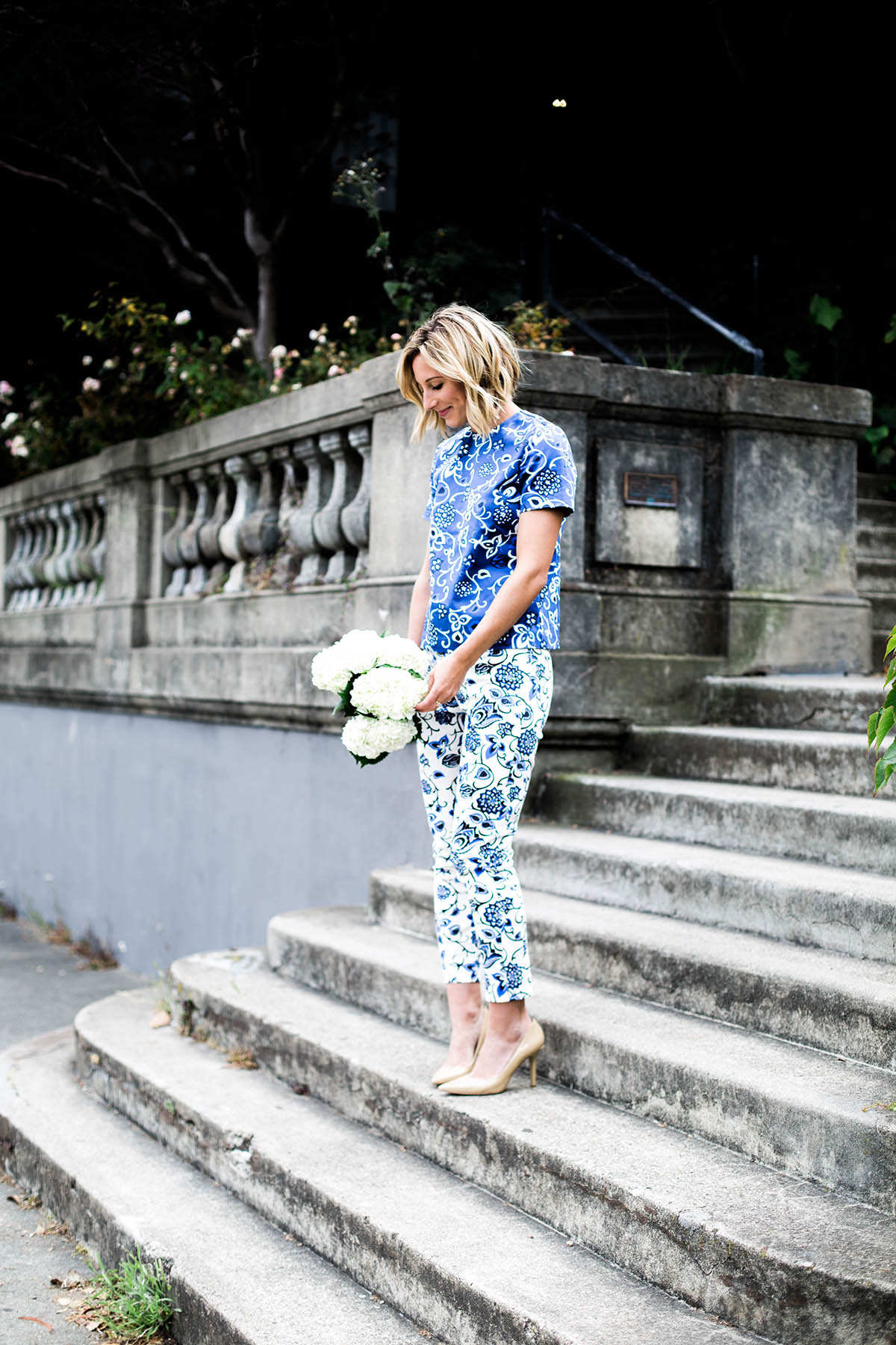 Amanda Holstein in Draper James Oak Hill Vine top and pants mixed prints outfit