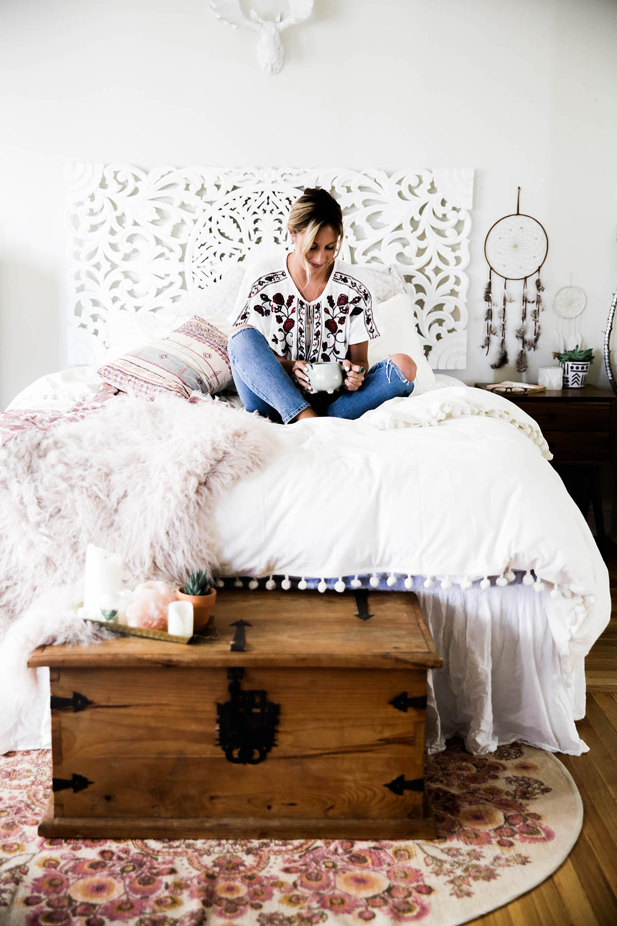 Urban Outfitters bedroom with Magical Thinking Pom-Fringe Duvet Cover and Agda Printed Yarn Pillow