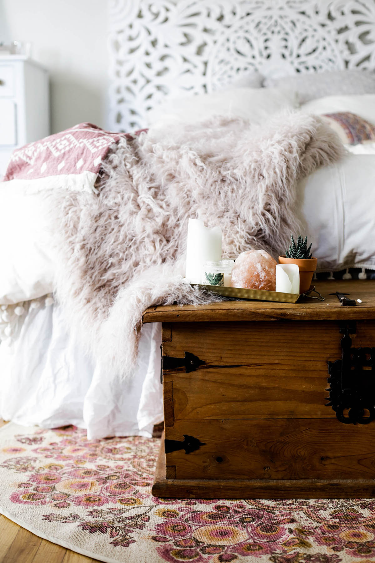 Urban Outfitters bedroom with Magical Thinking Pom-Fringe Duvet Cover and Faux Lamb Fur Throw Blanket