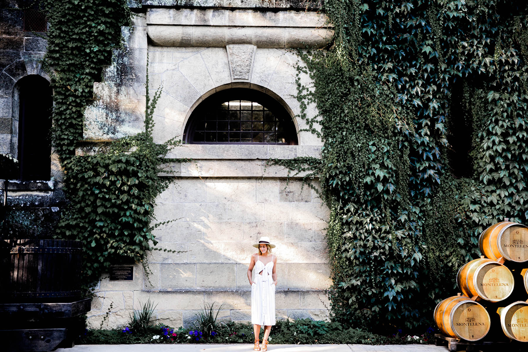 wine tasting outfit wayf tie front dress and revolve hat