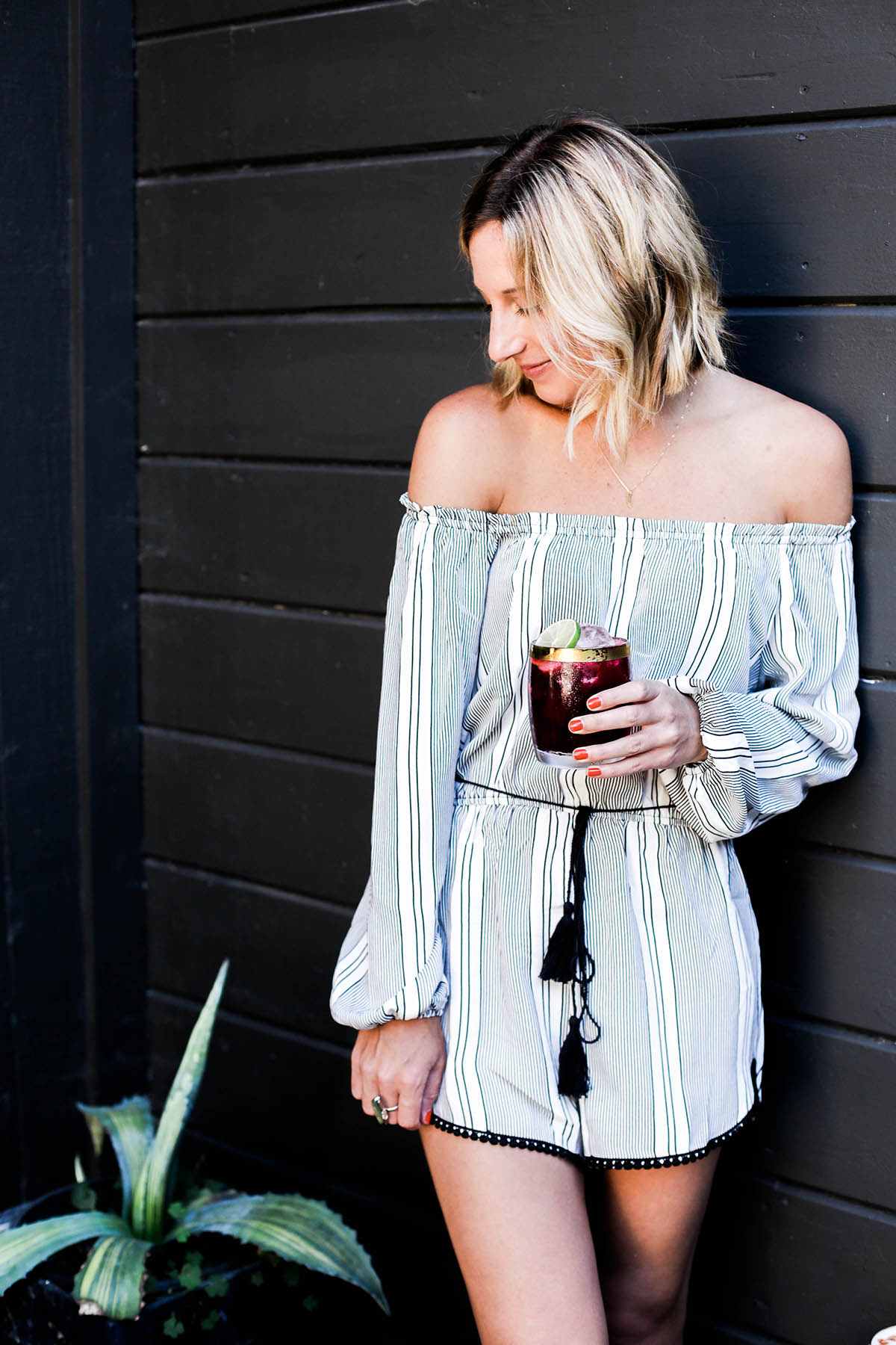 Amanda Holstein in Urban Outfitters off the shoulder romper