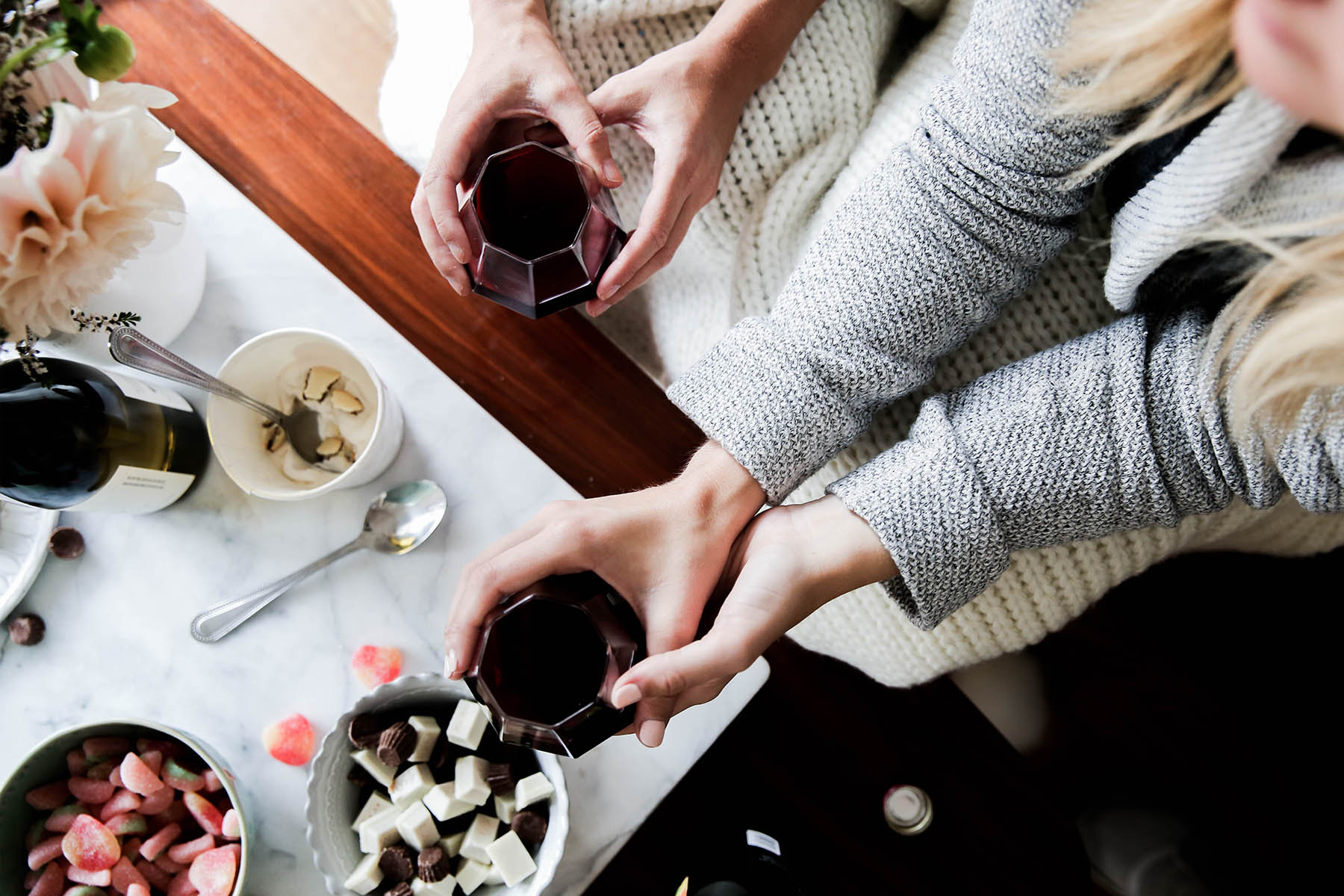 girls night in with wine and candy