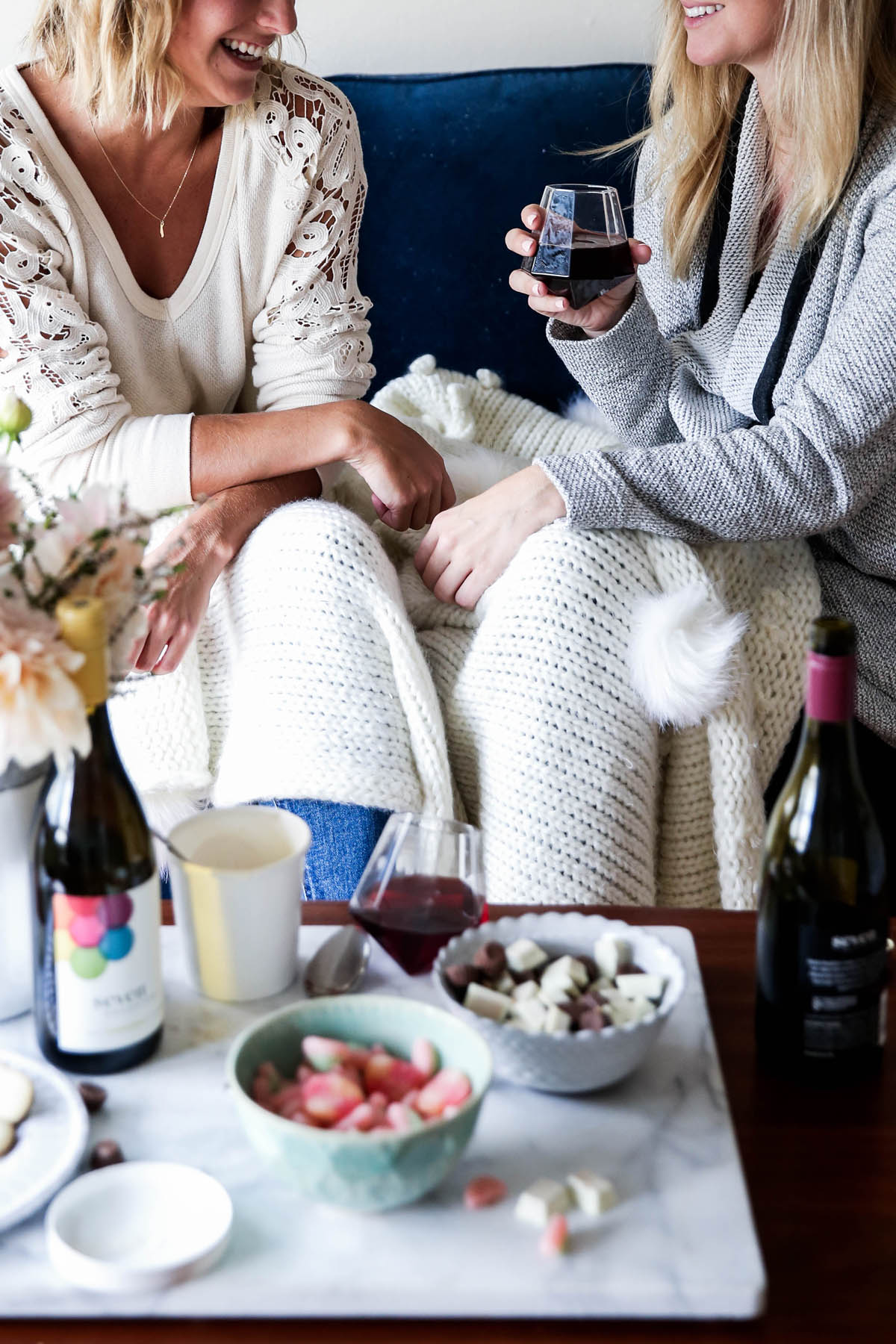 girls night in with candy, wine, and your bestie