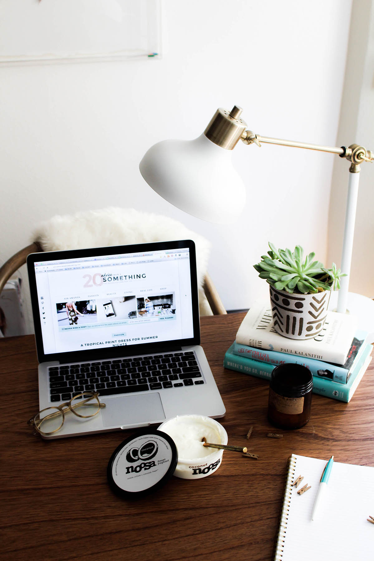 bohemian desk decor, white target lamp, urban outfitters planter