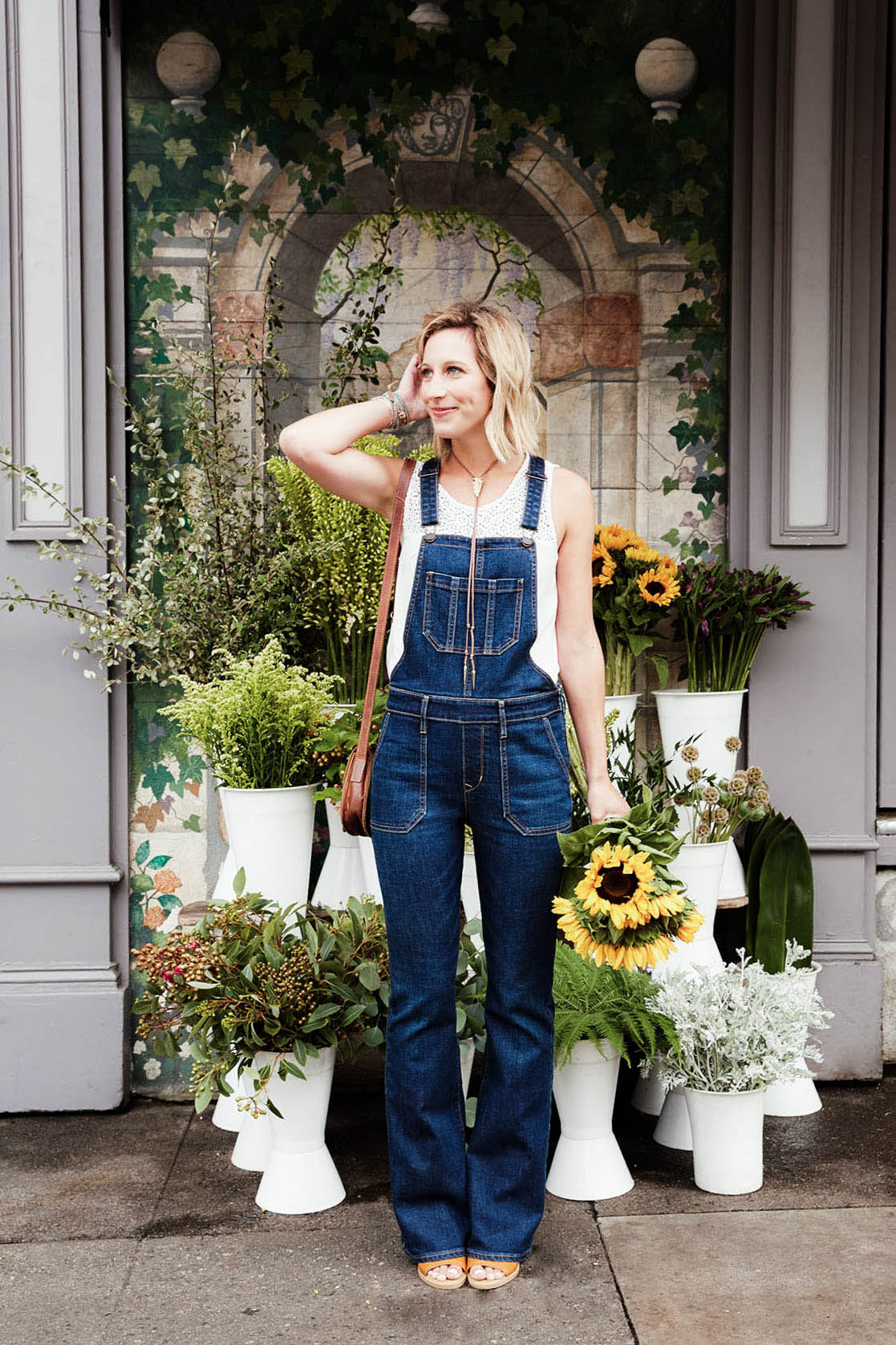 Old Navy flare denim overalls outfit