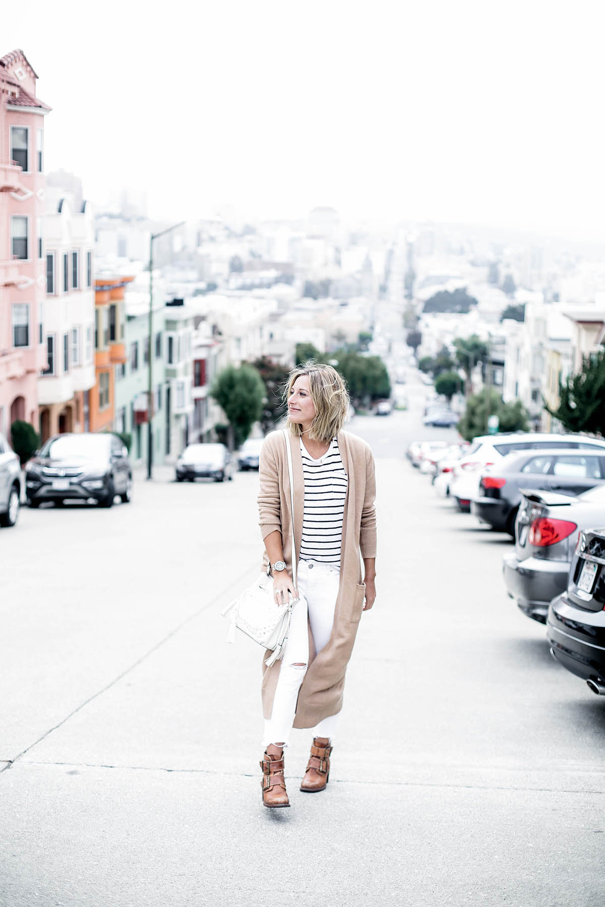 visiting San Francisco outfit in Old Navy extra long cardigan and striped tee shirt