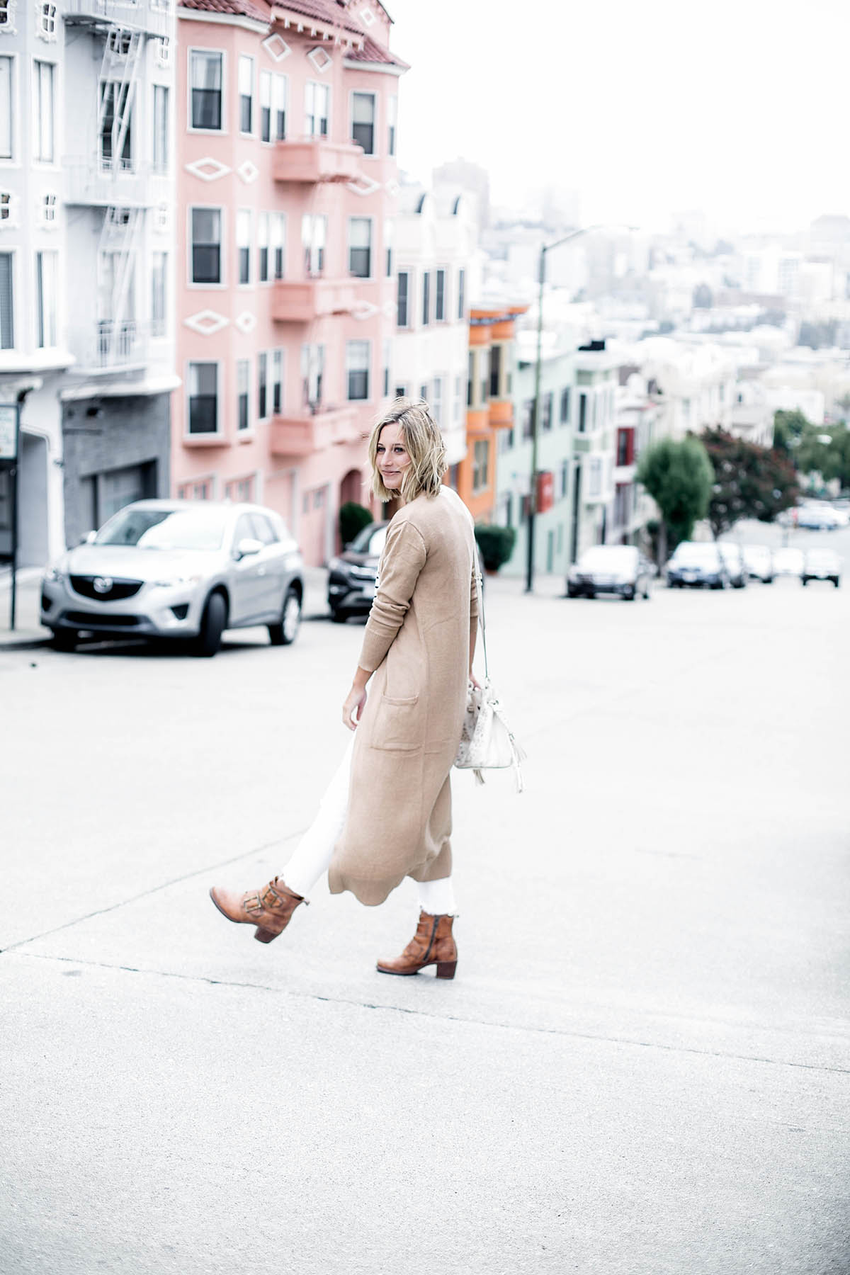 visiting San Francisco outfit in Old Navy extra long cardigan and striped tee shirt