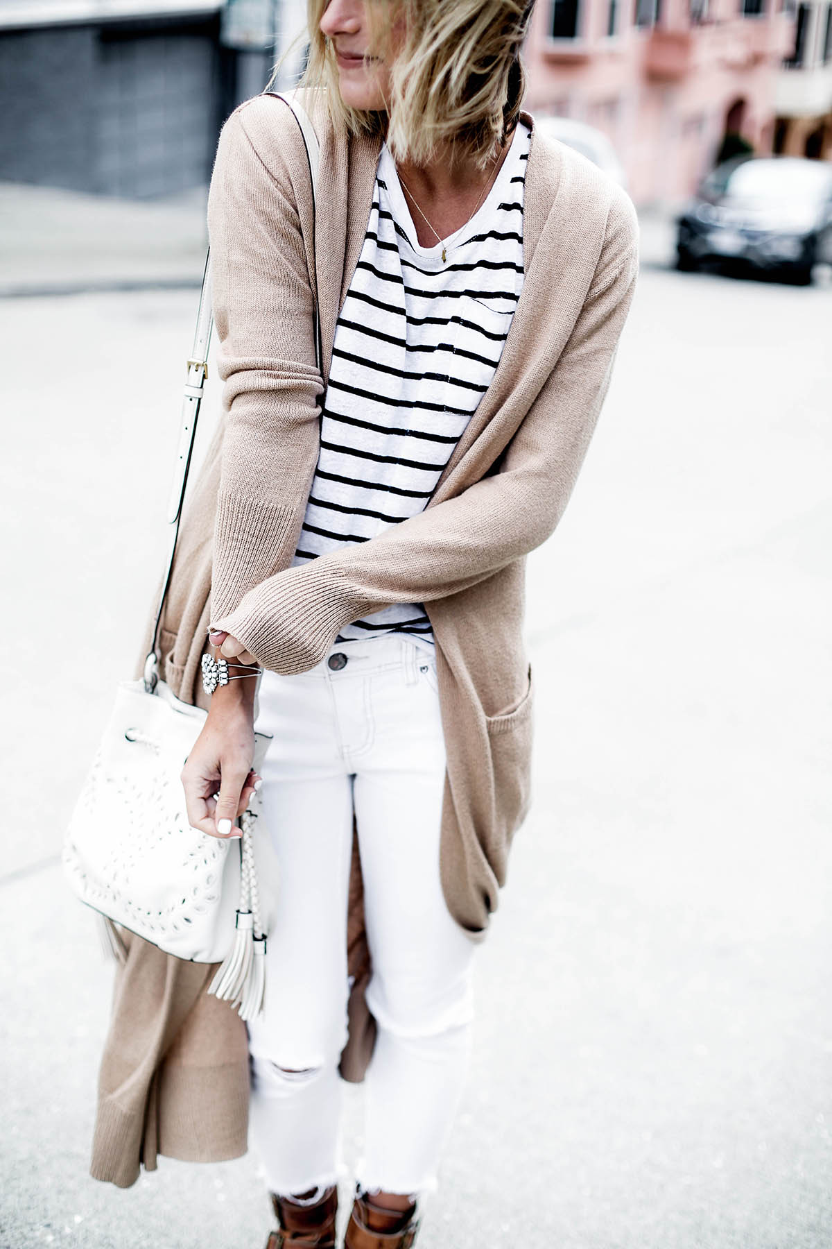 visiting San Francisco outfit in Old Navy extra long cardigan and striped tee shirt