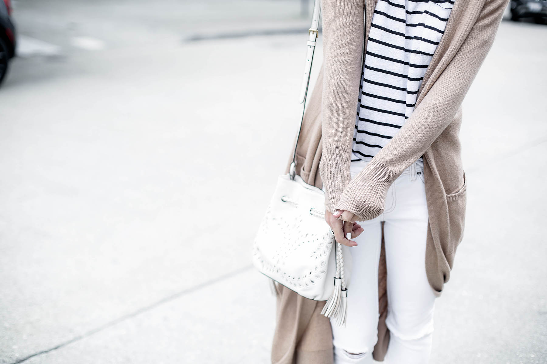 visiting San Francisco outfit in Old Navy extra long cardigan and striped tee shirt