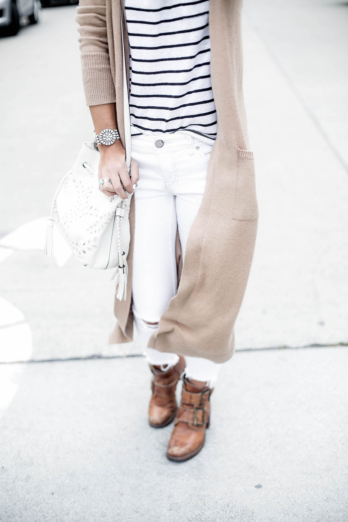 visiting San Francisco outfit in Old Navy extra long cardigan and striped tee shirt