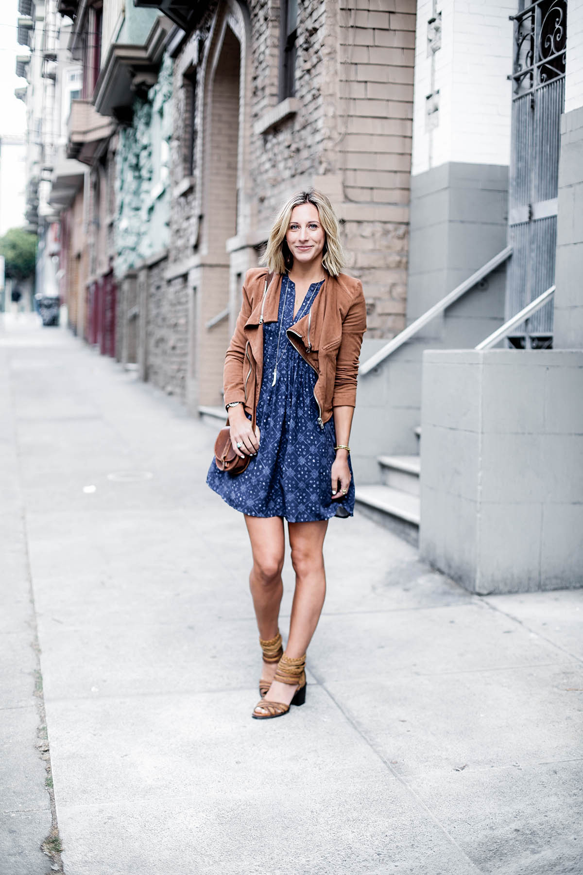 visiting San Francisco outfit in Old Navy dress and suede moto jacket