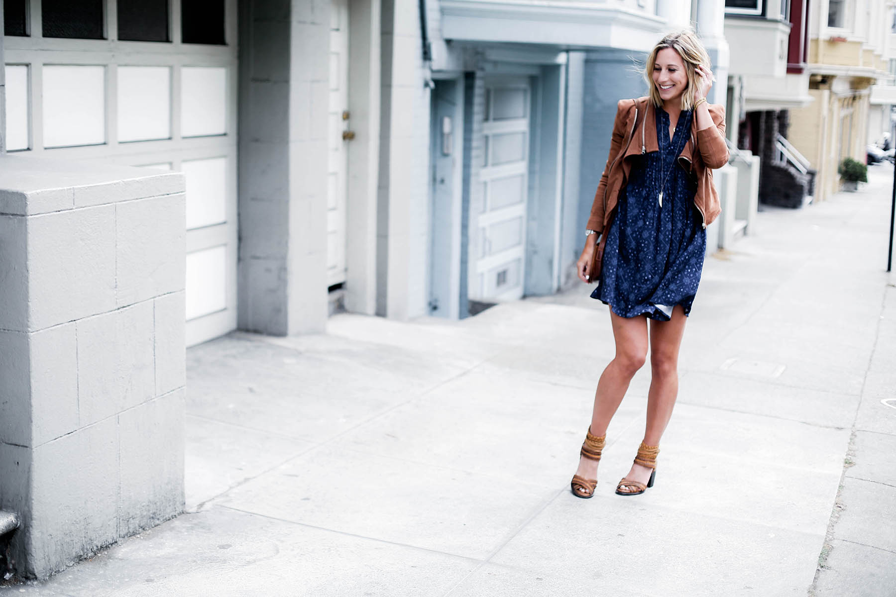 visiting San Francisco outfit in Old Navy dress and suede moto jacket