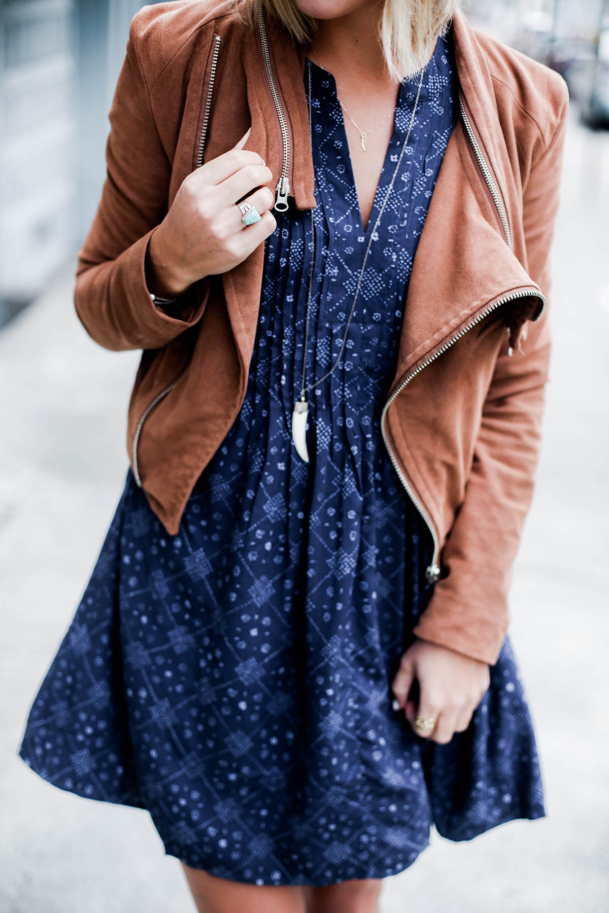 visiting San Francisco outfit in Old Navy dress and suede moto jacket