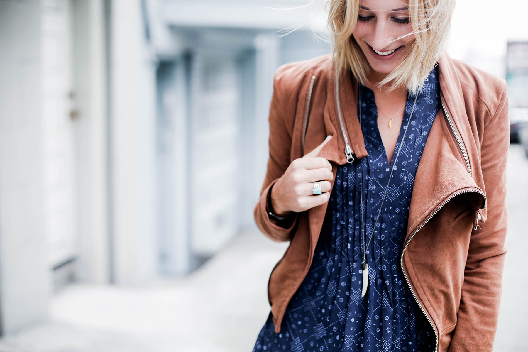 visiting San Francisco outfit in Old Navy dress and suede moto jacket