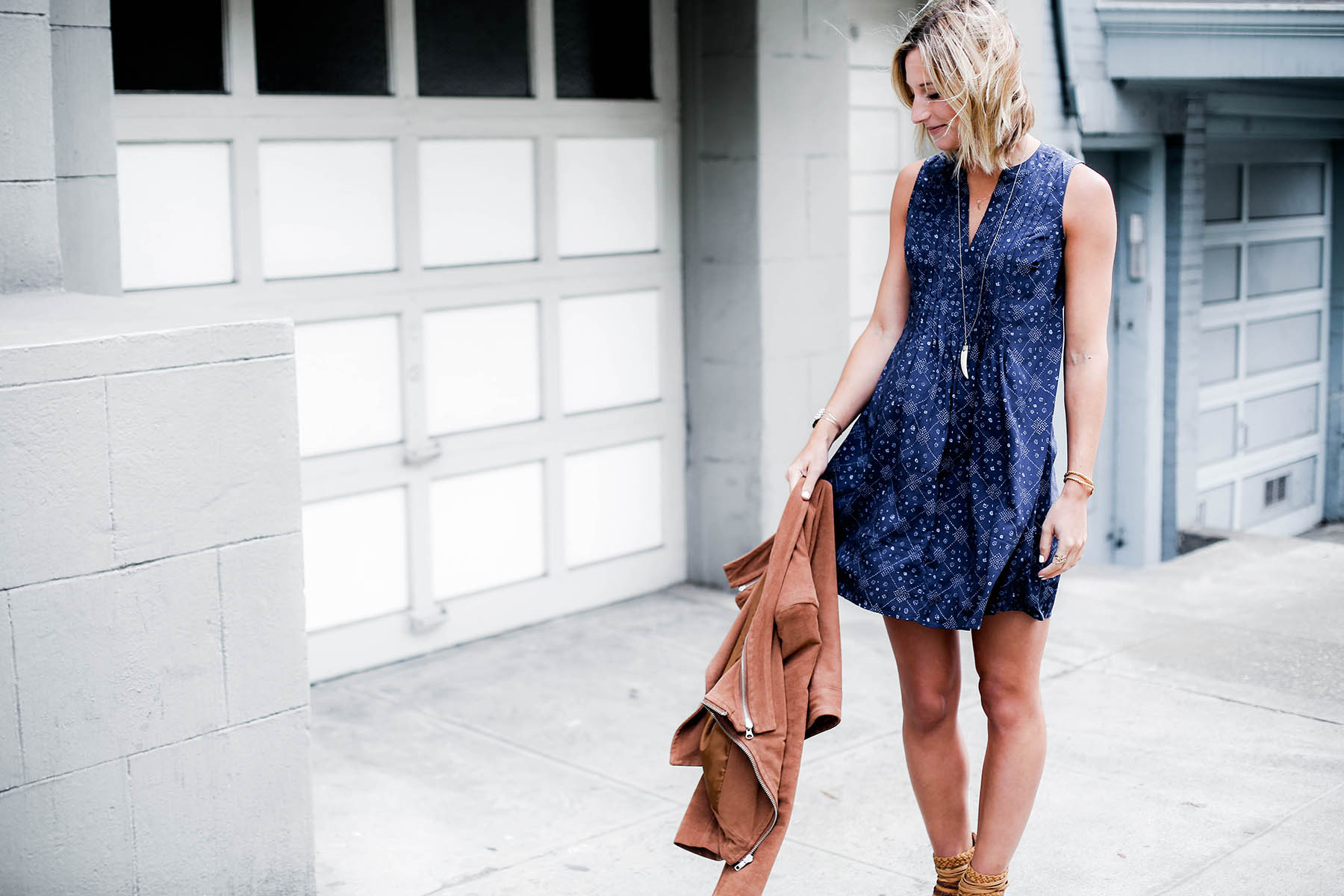 visiting San Francisco outfit in Old Navy dress and suede moto jacket