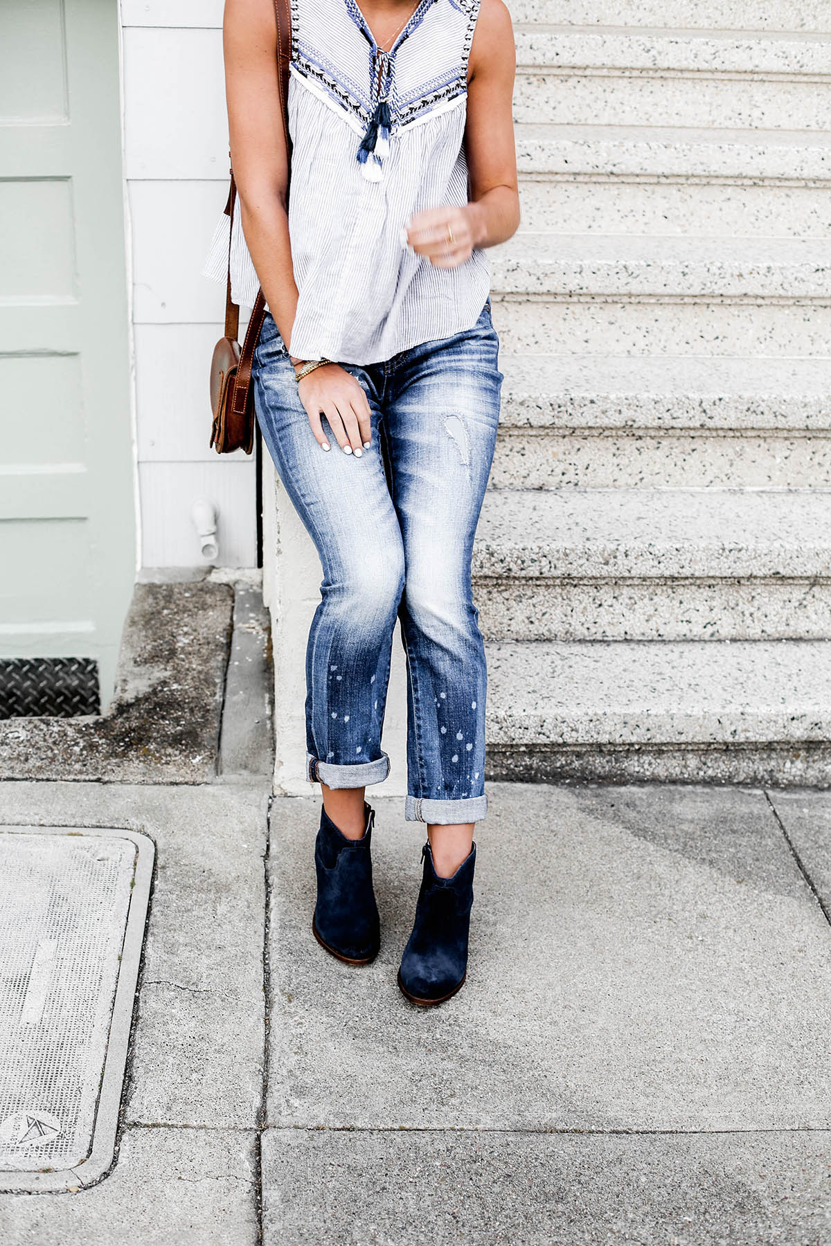 fall fashion trends patchwork denim boyfriend jeans and blue suede ankle boots