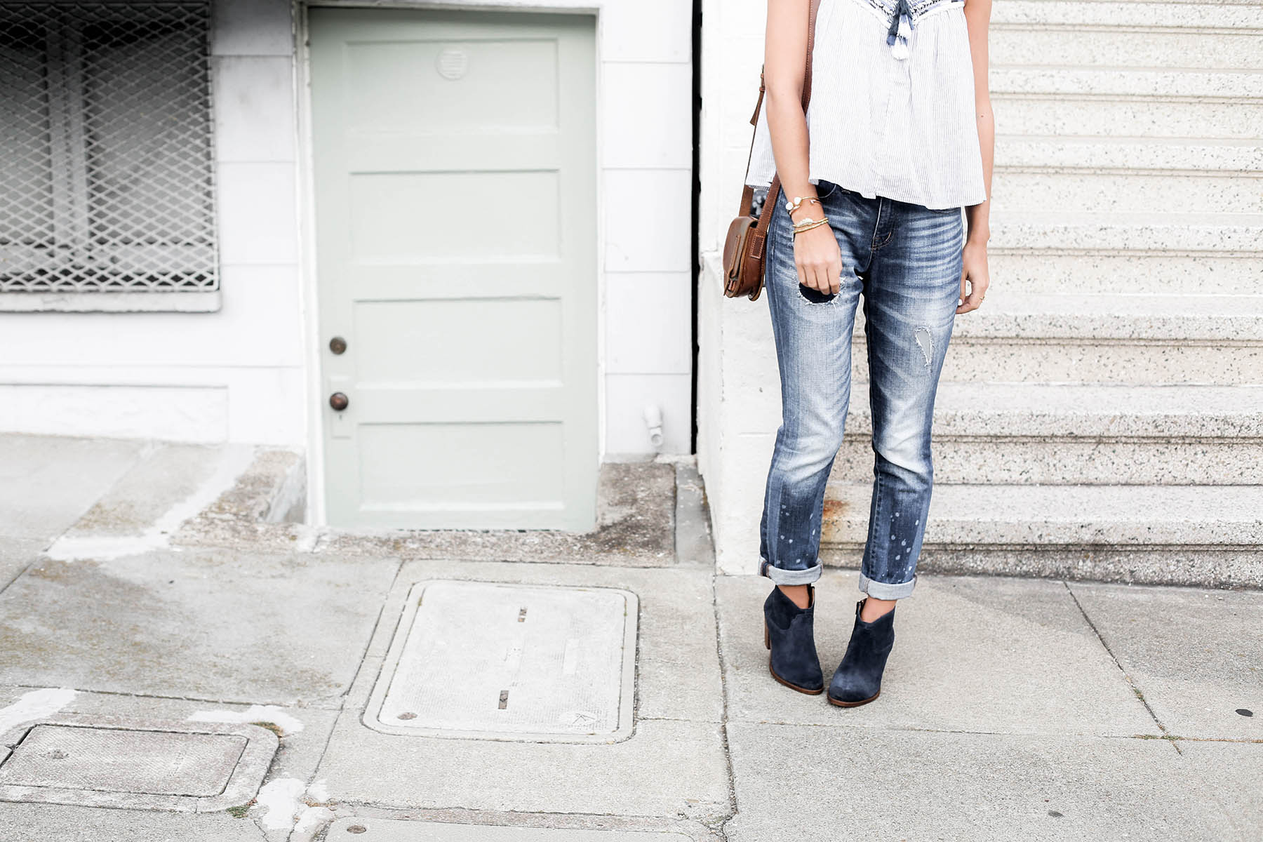 fall fashion trends patchwork denim boyfriend jeans and blue suede ankle boots