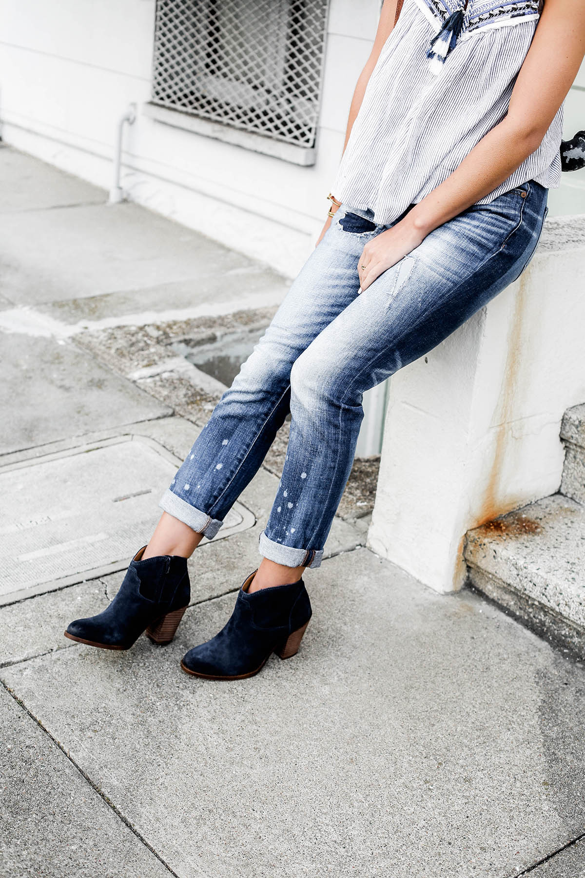 fall fashion trends patchwork denim boyfriend jeans and lucky brand blue suede ankle boots