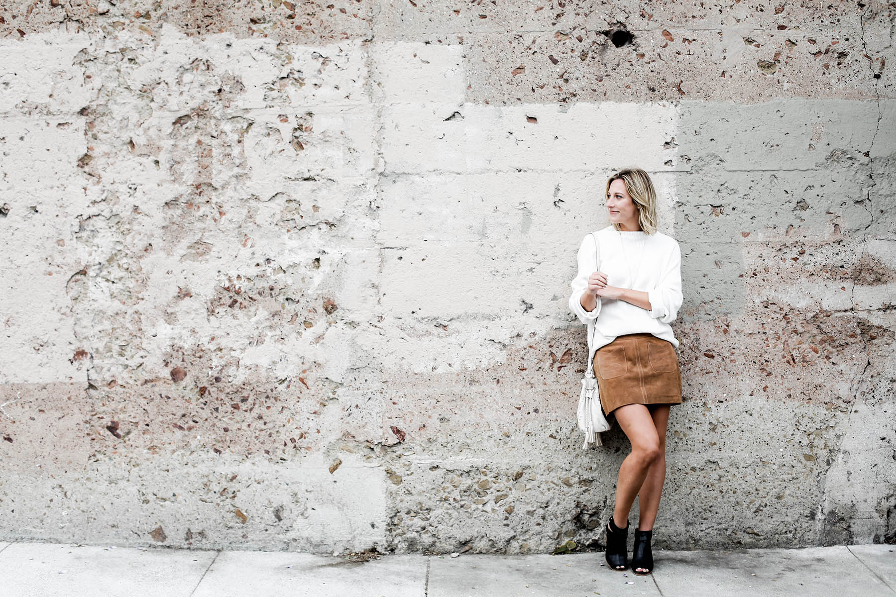 fall fashion trends free people suede miniskirt and oversized sweater