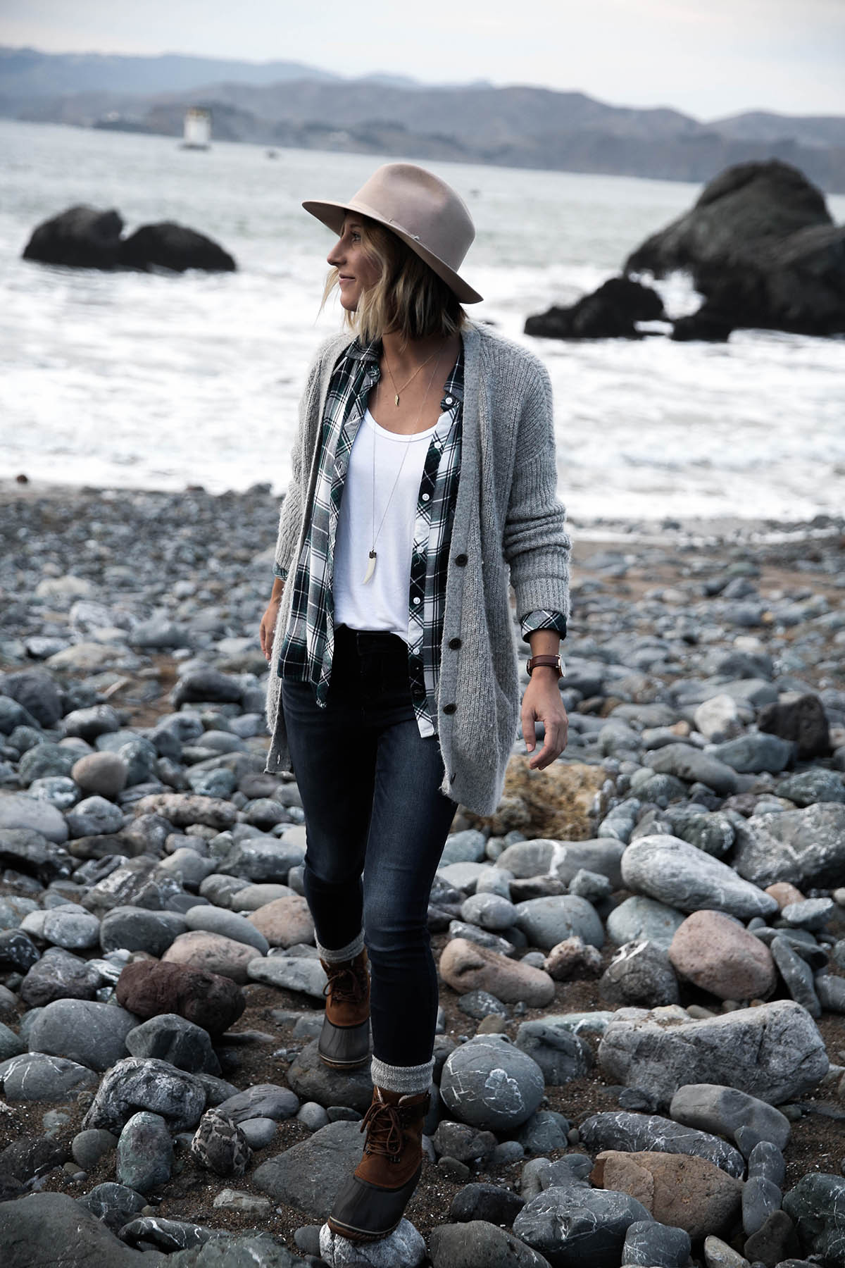 grey cardigan with plaid shirt, old navy jeans, and sorel boots with socks