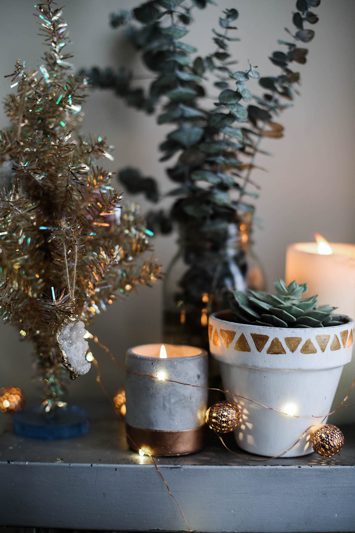 mini gold christmas tree and geode ornaments