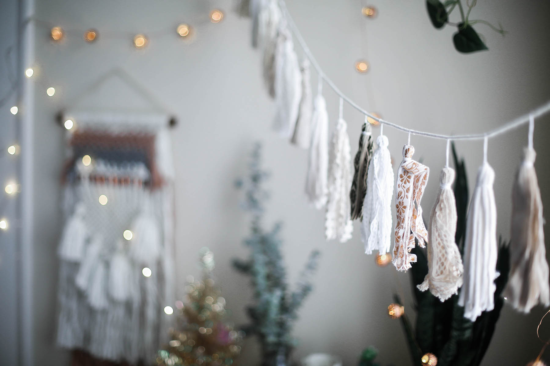 urban outfitters tassel banner and twinkle lights