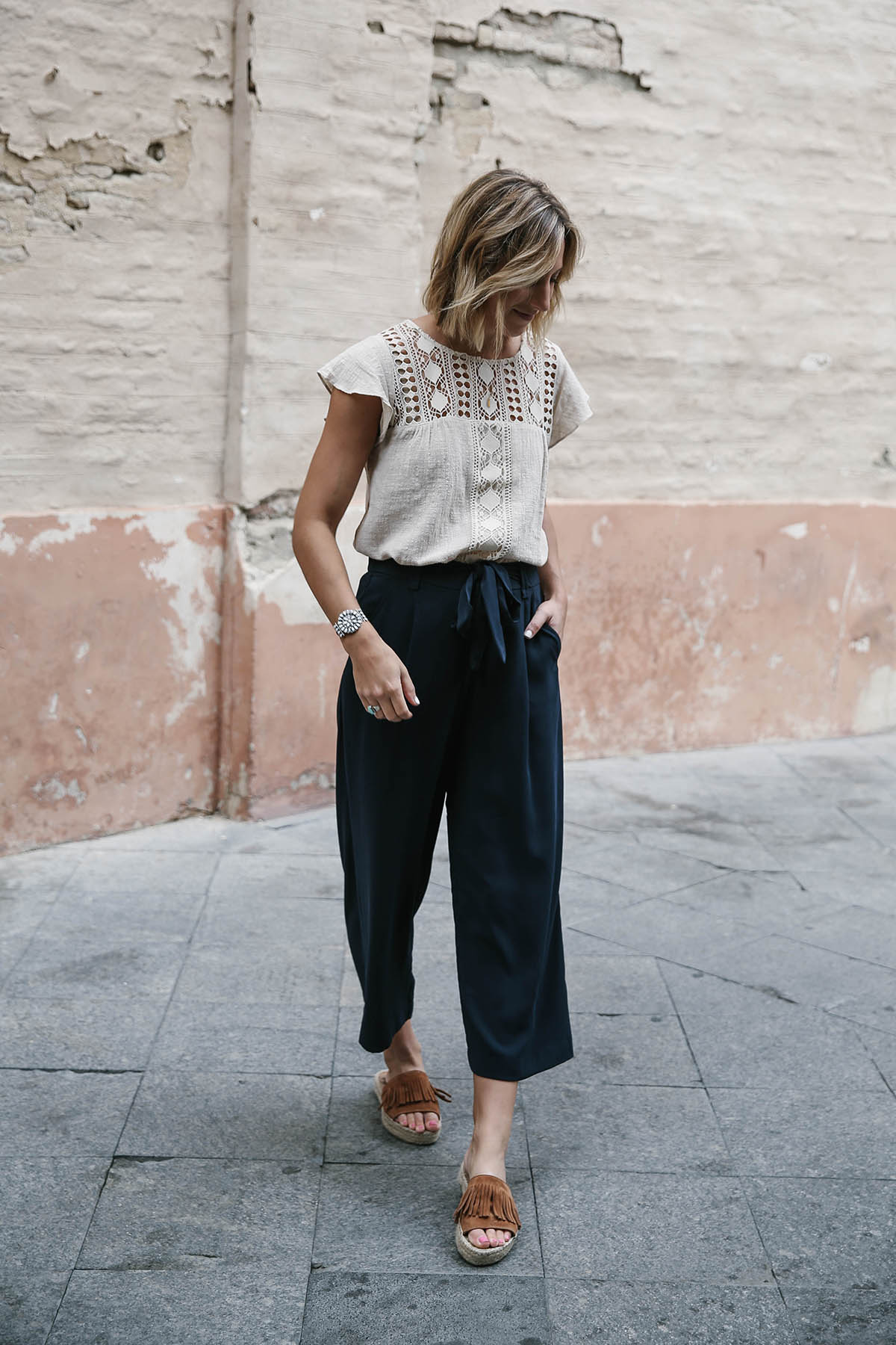 navy culottes outfit and crochet yoke top