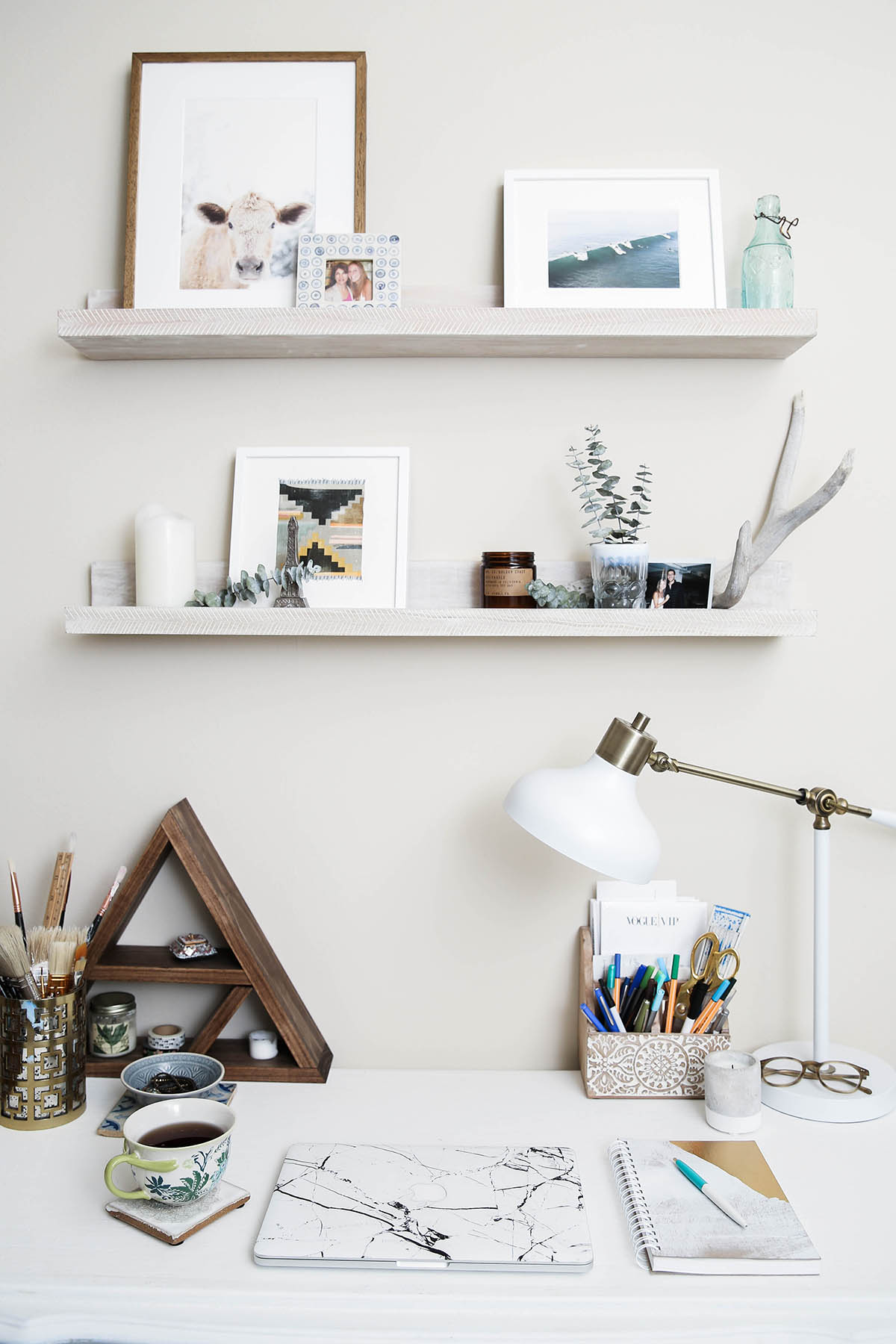 home office decor with Minted prints and shelves