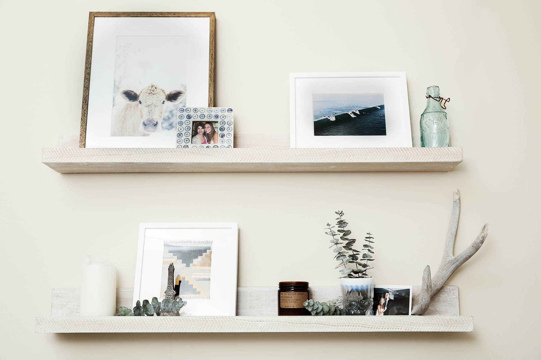 home office decor with Minted prints and shelves