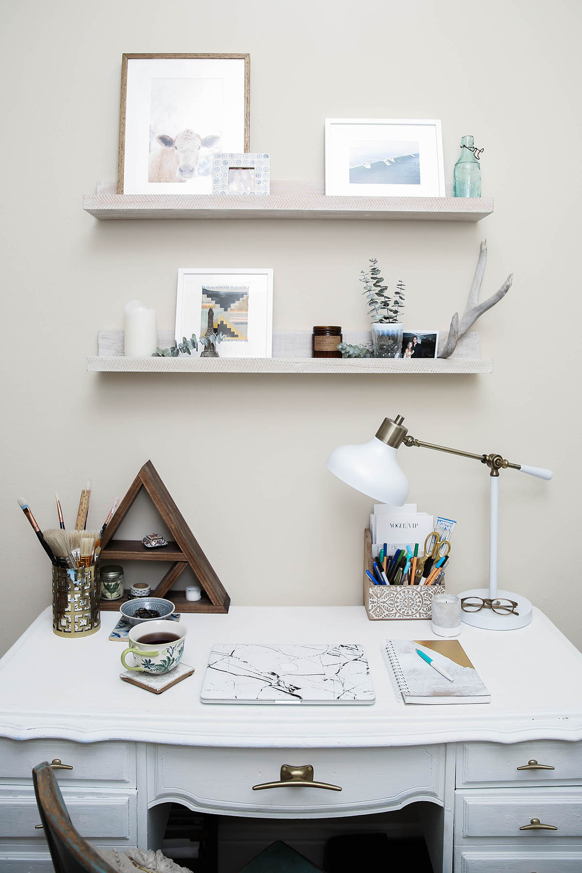 home office decor with Minted prints and shelves